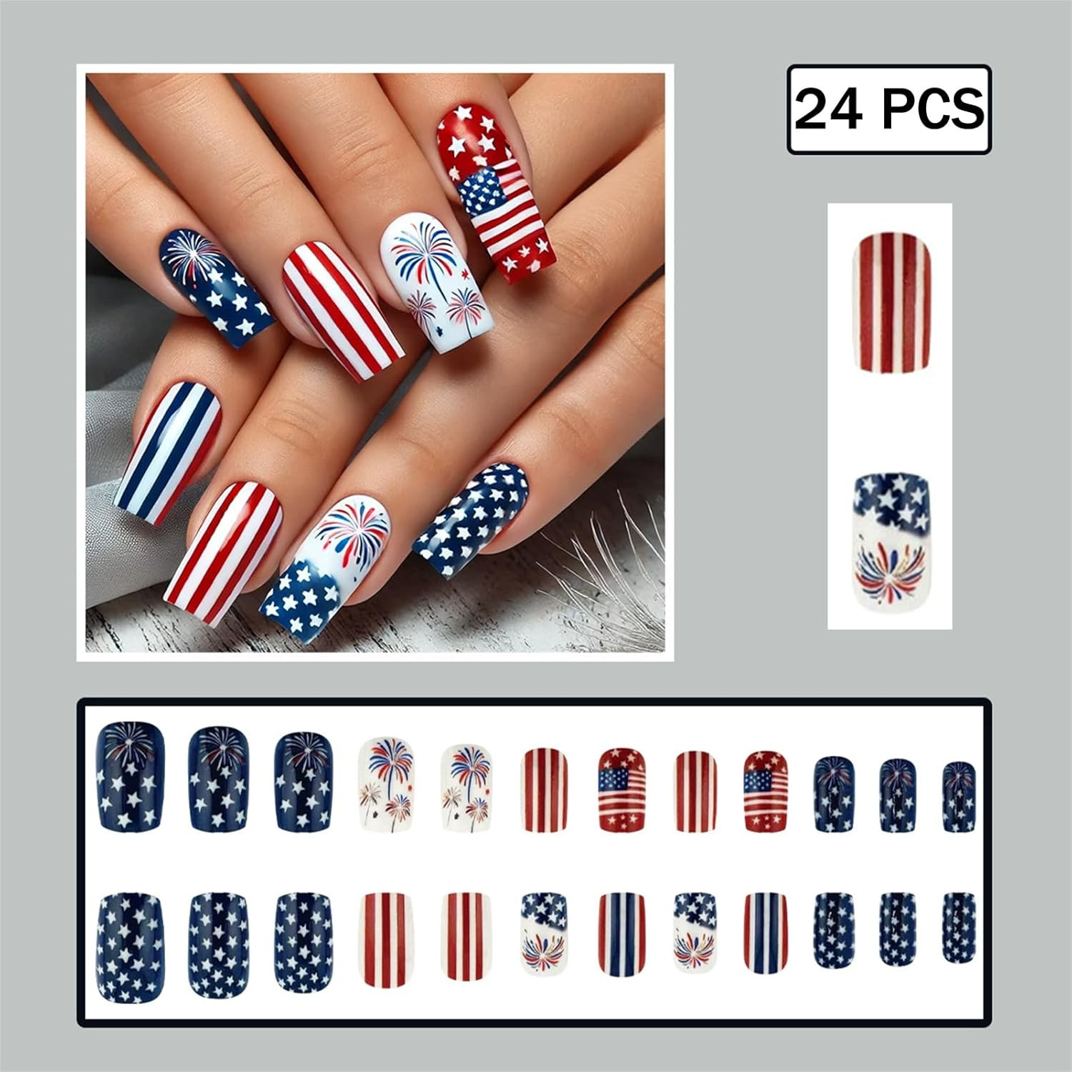 4Th of July Press on Nails Medium Square Fake Nails Independence Day French Tips