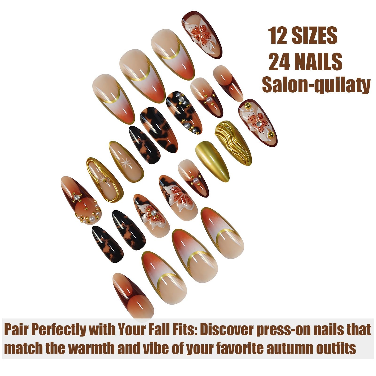 Press On Nails Almond 3D Design Flower Brown Press Ons Nails For