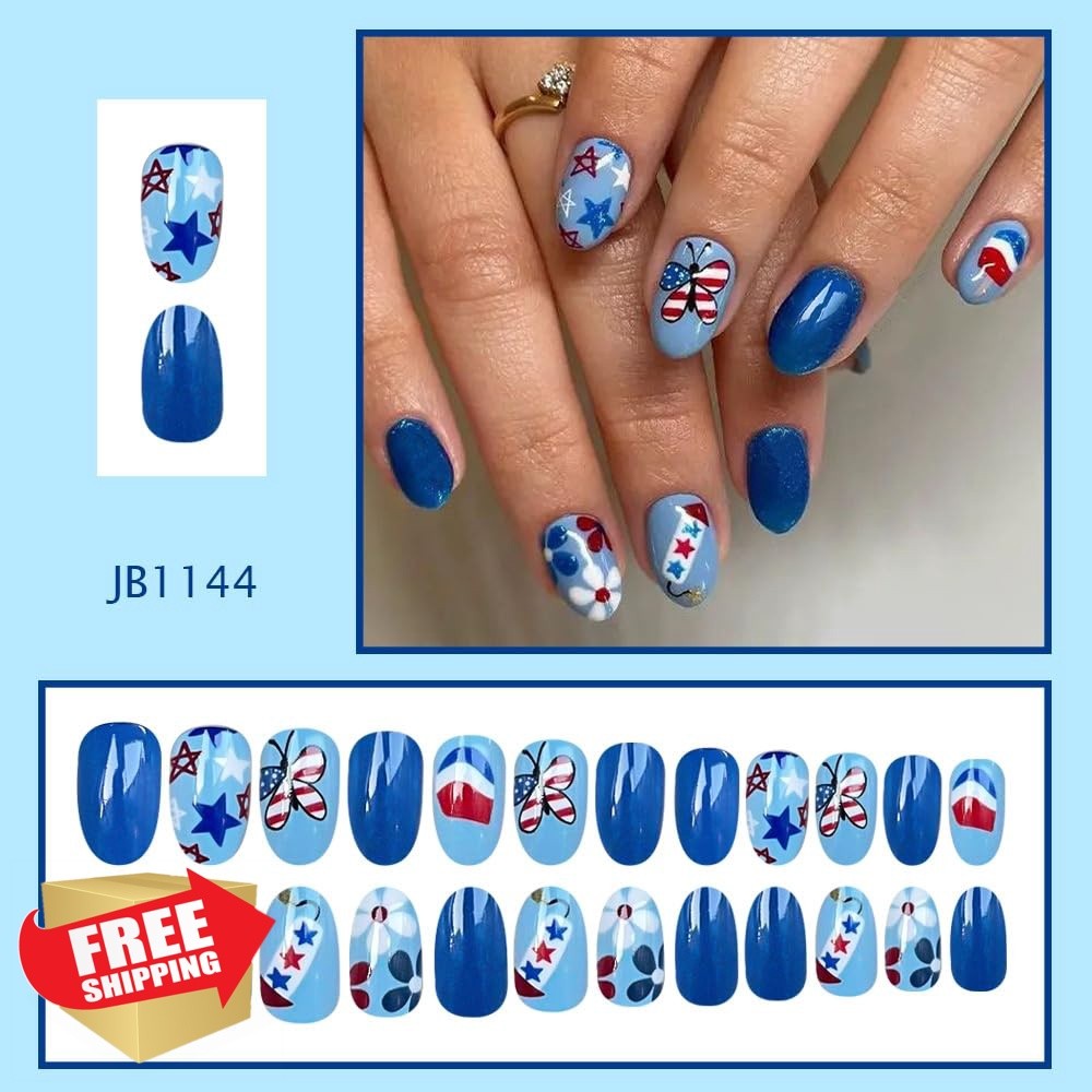 Maigitur Press on Nails Medium Oval N25 Star Flower Butterfly