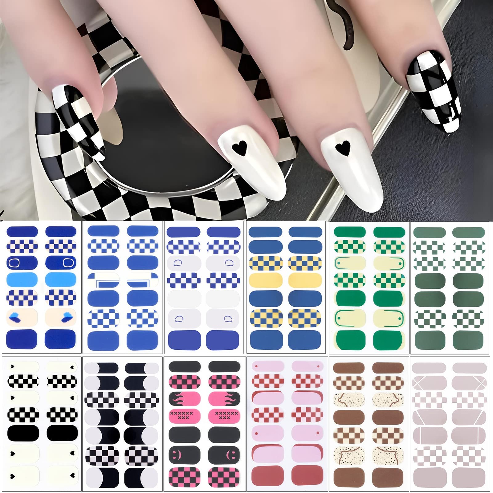 12 Sheets Plaid Nail Wraps Full Stickers Nail Polish Strips, French DIY Self-…