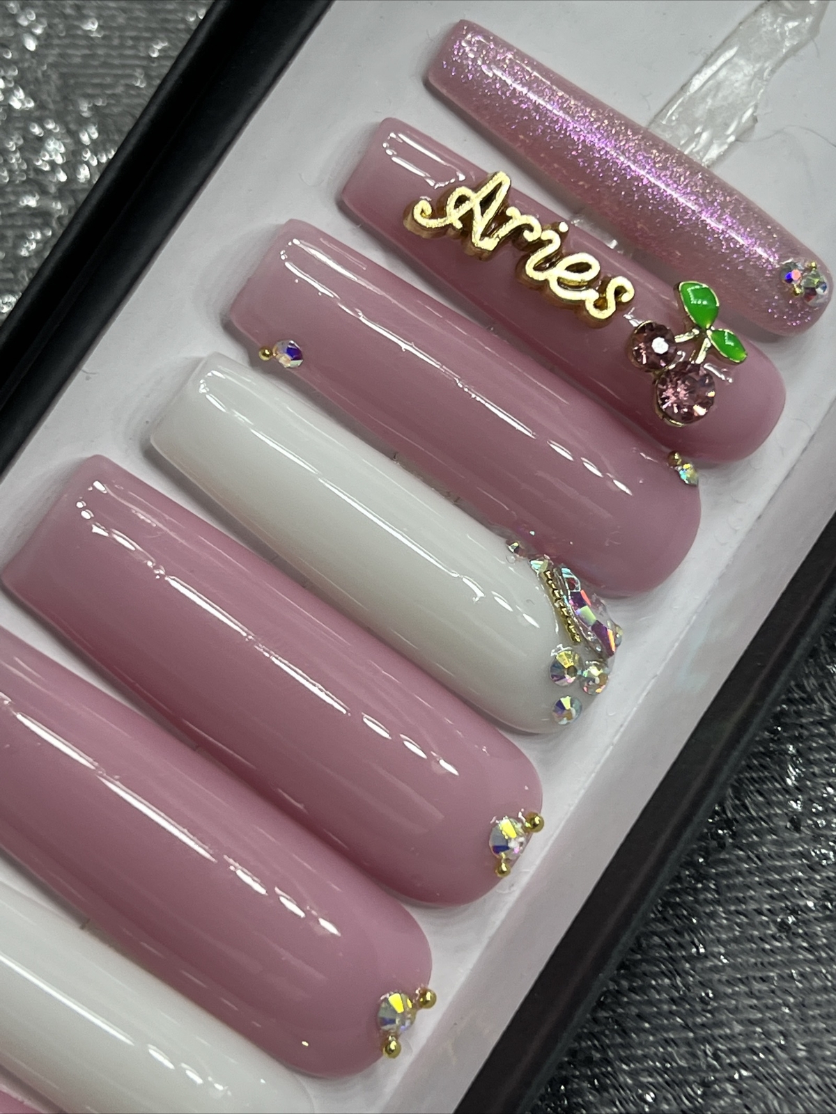 🍒 CUSTOM Gel Press On Nails, LILAC BLING ARIES , 10p FULL SET W Kit LONG SQUARE