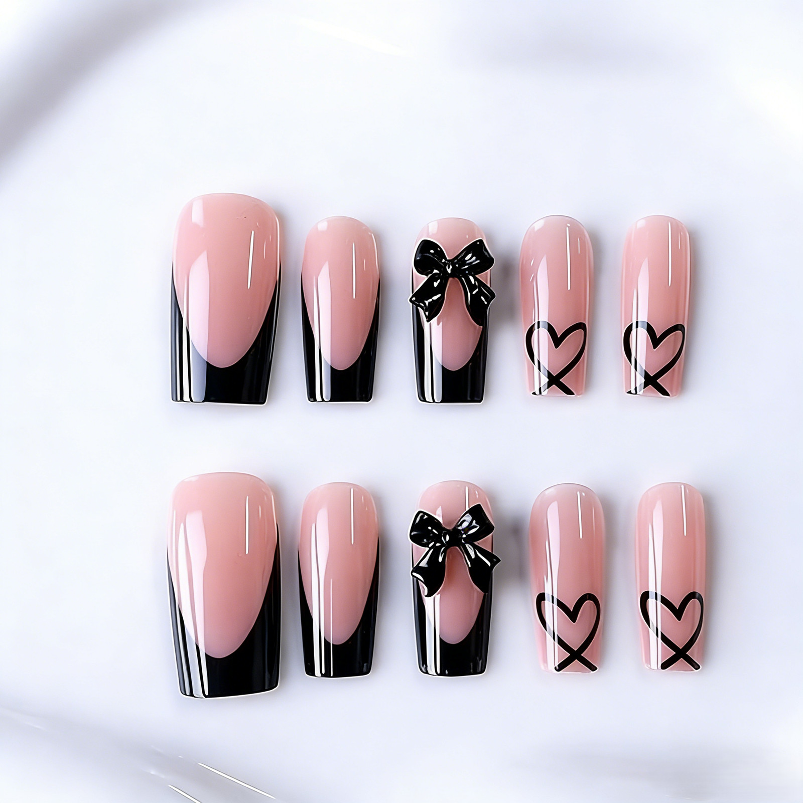 Square Black French Tip Press On Nails |Bow Heart Rhinestone Elegant False Nails