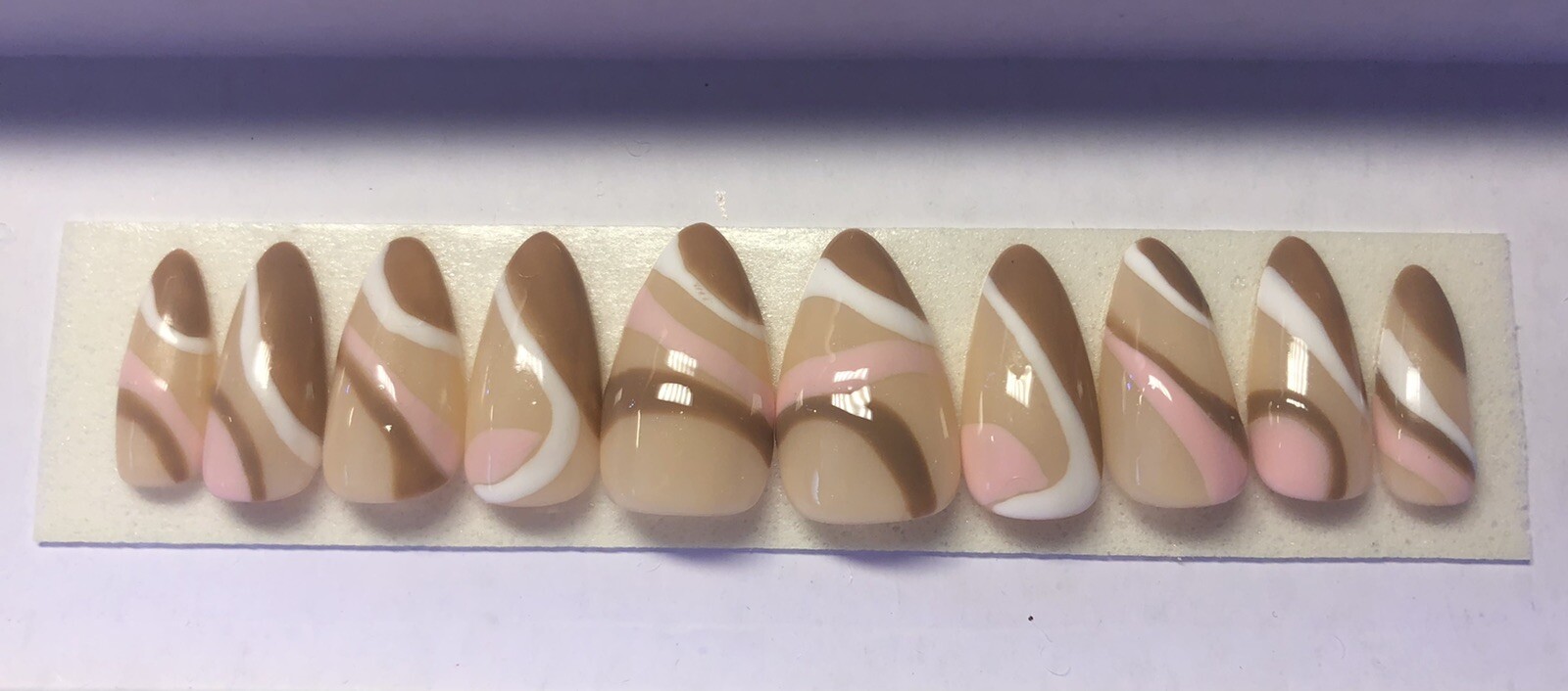Brown pink white swirls press on nails