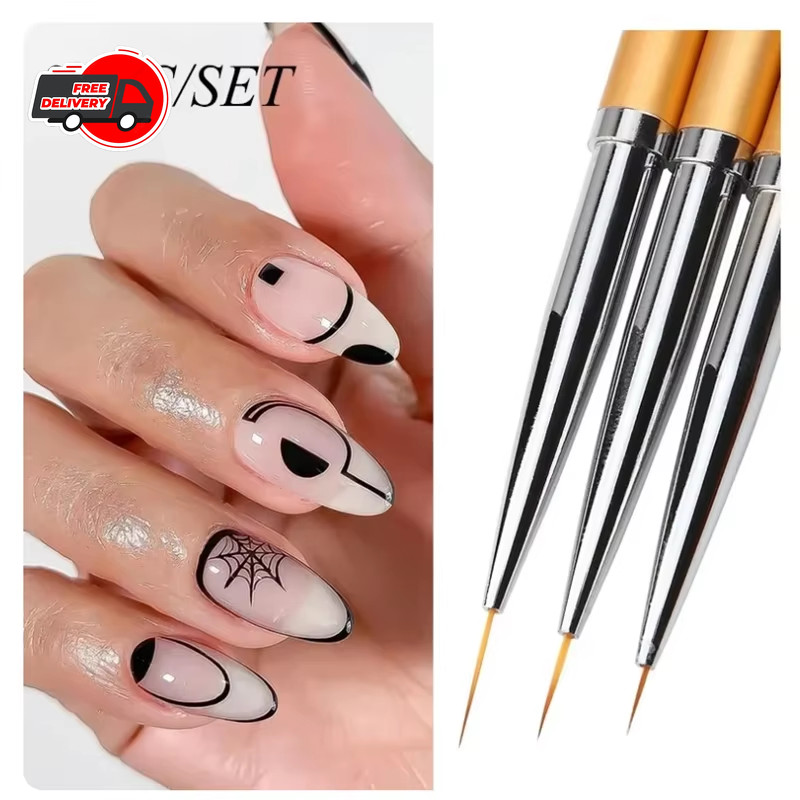 3Pcs Acrylic French Stripe Nail Art Liner Brush 3D Tips DIY UV Gel Painting Pen
