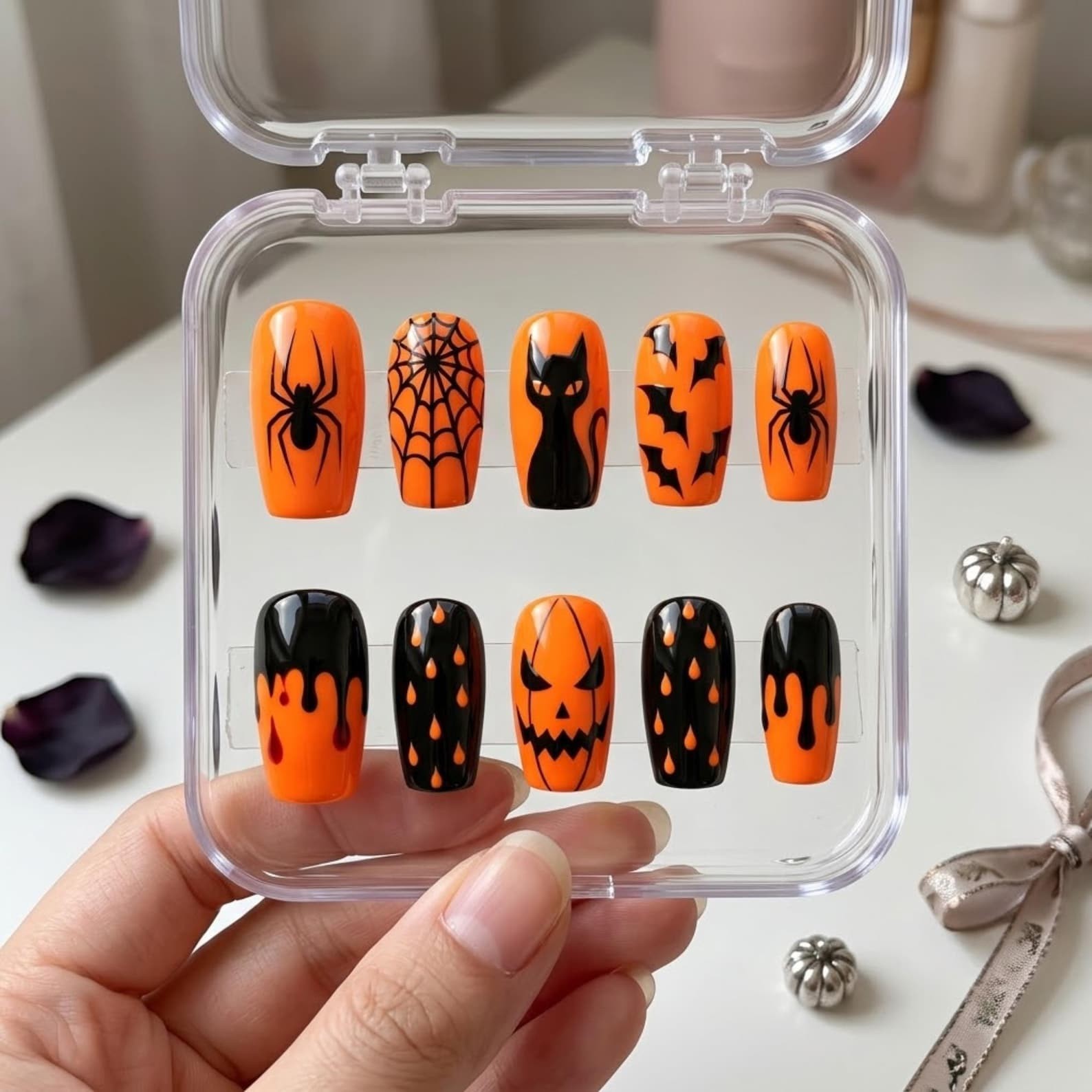 Custom Handmade Classic Orange Black Halloween Spider Square Press on Nails