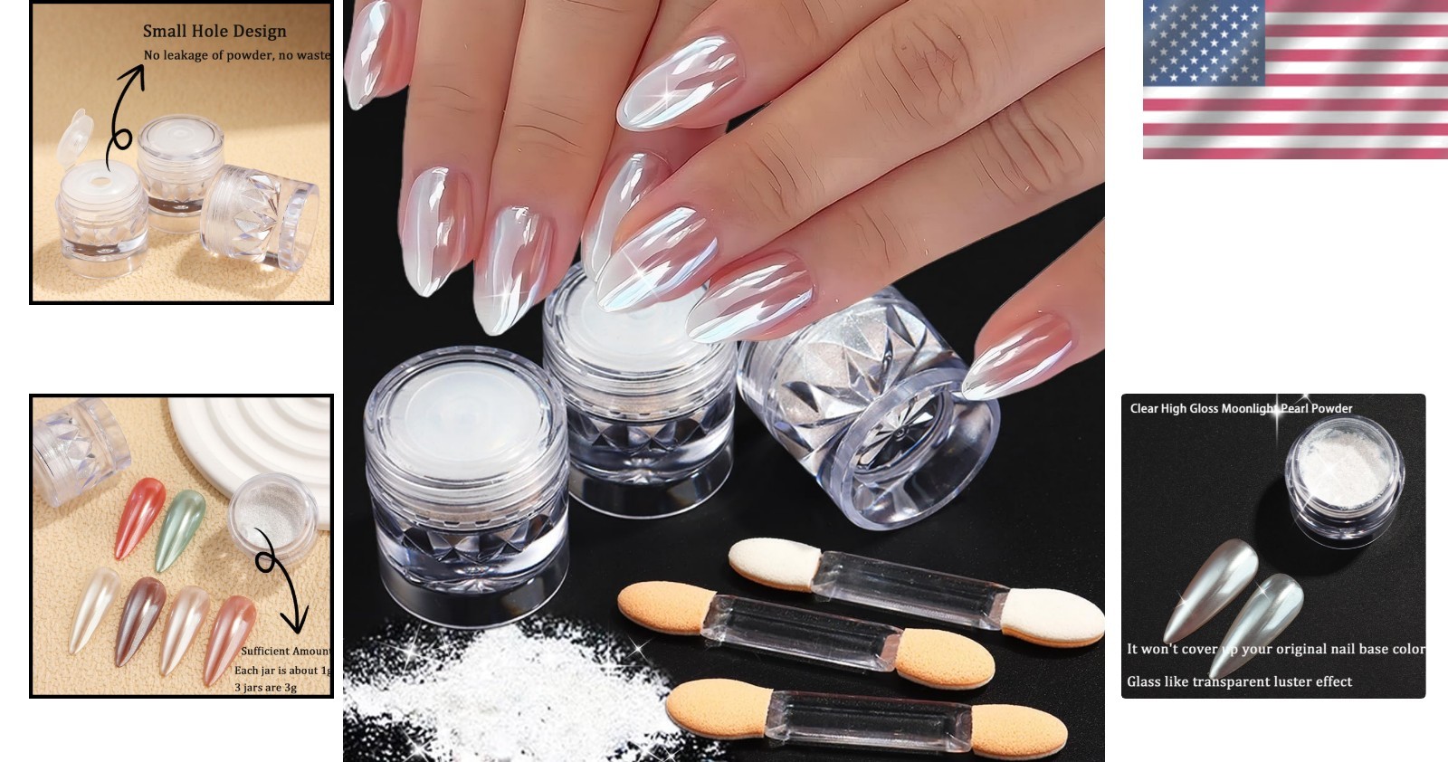 3Pcs Moonlight White Pearl Chrome Nail Powder, Super Glossy Clear Mirror Effect