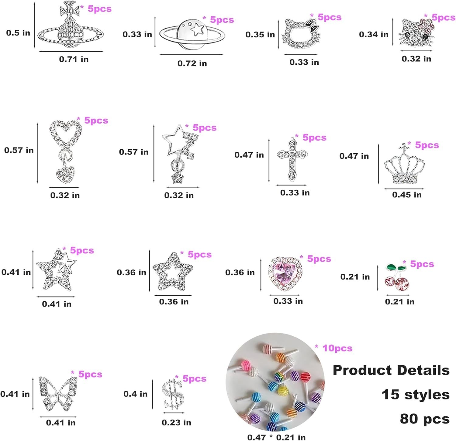 Vibrant 80Pcs Silver Nail Charms with Butterflies & Cherries for Unique Nail Art