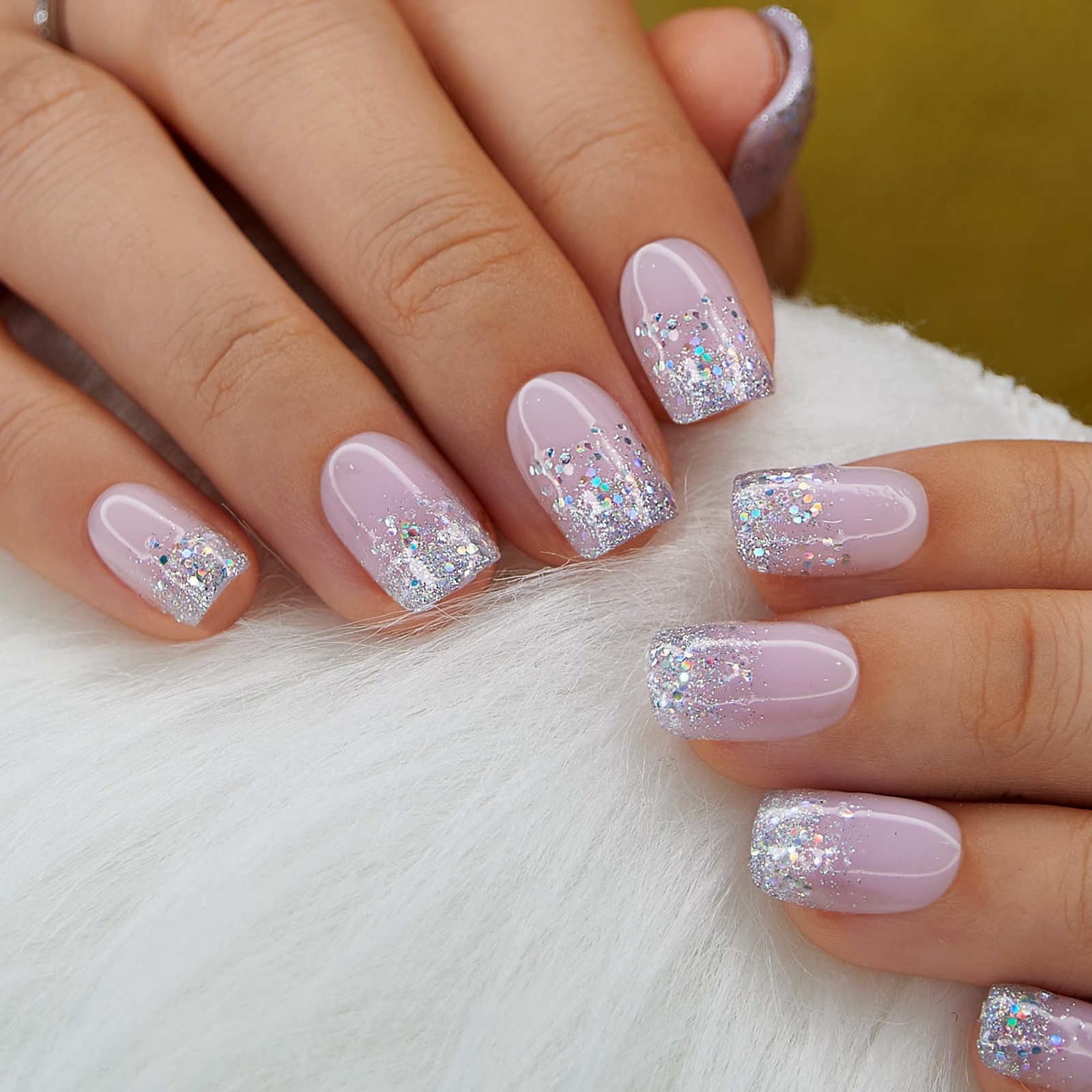 Curvlife 30pcs Short Press On Nails, Shining Stick on Fake Nails Design Glossy A