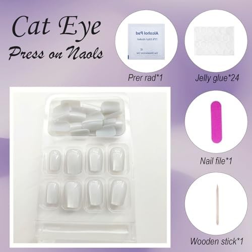 White Press on Nails Short Square Fake Nails with Glitter Cat Eye Designs Glossy