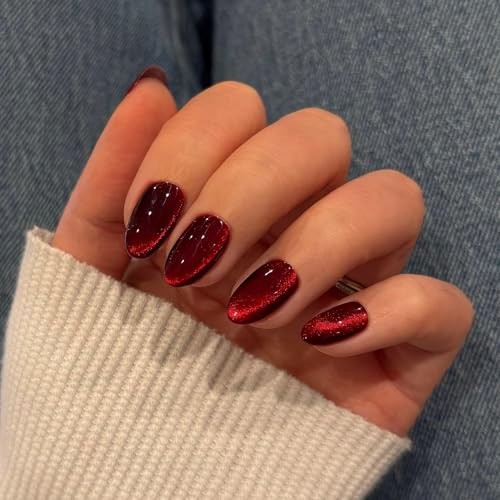 Burgundy Nails Press on, Wine Red Short Oval Round Cat cat eye oval wine red