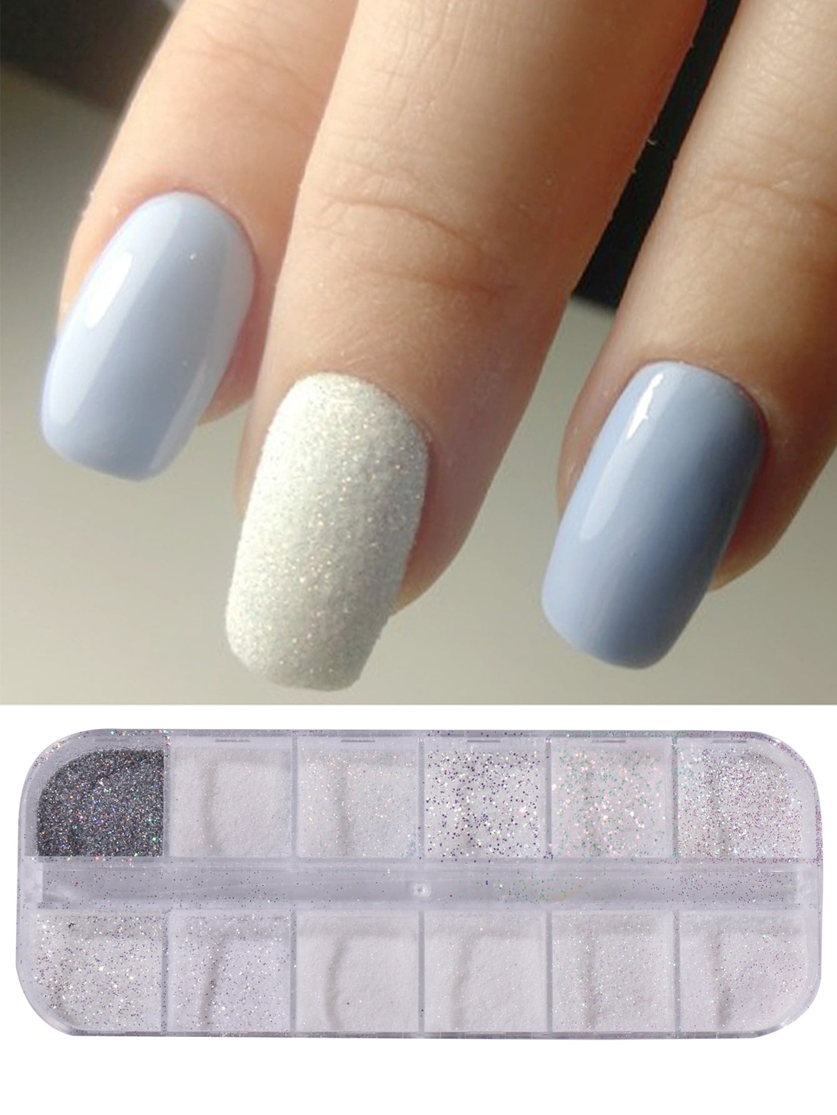 =Sugar Nail Glitter Powder, 12 Grids Iridescent Sandy White Color Nail Glitter