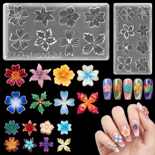 3D Flower Mold for Nails, 2 Pcs Silicone Nail Art Molds with 8 Floral Designs,