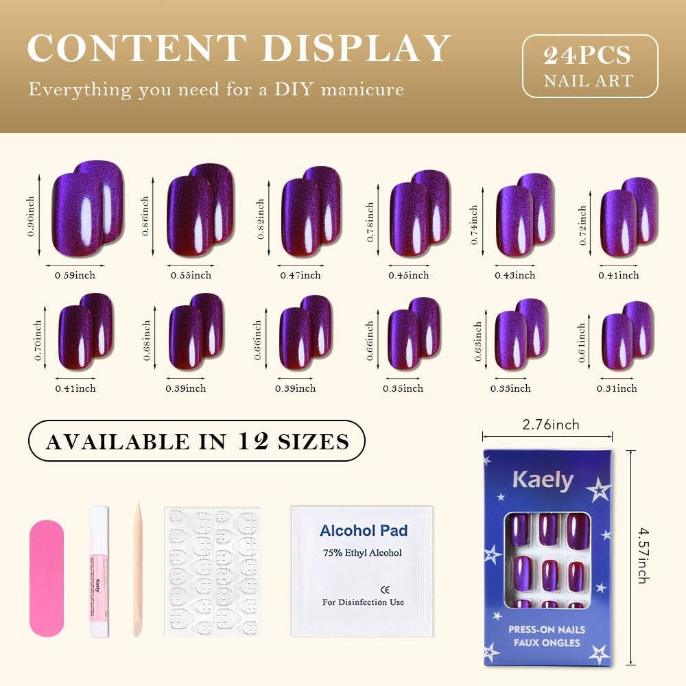 Purple Red Reflective Blue Press On Nails – Cat Eye Medium Square Magnetic Ac…