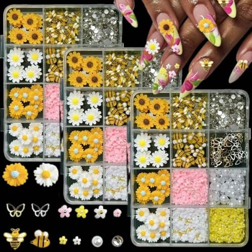 600PCS Nail Charms and Gems Gold Bee Yellow Flower for Nails yellow pink white