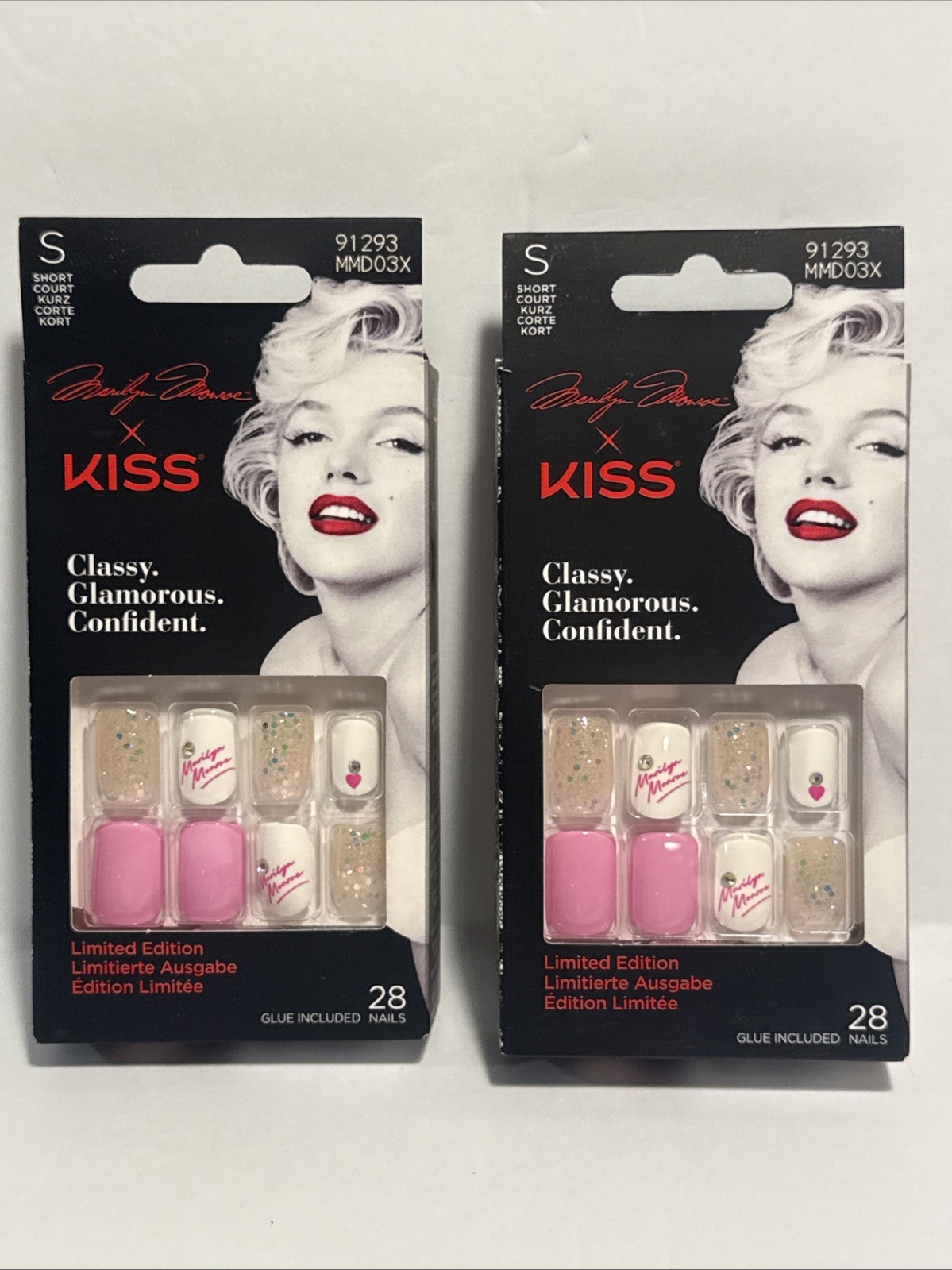 2 Marilyn Monroe x Kiss 28 Artificial Short Squared Glue On Nails Pinks 91293.