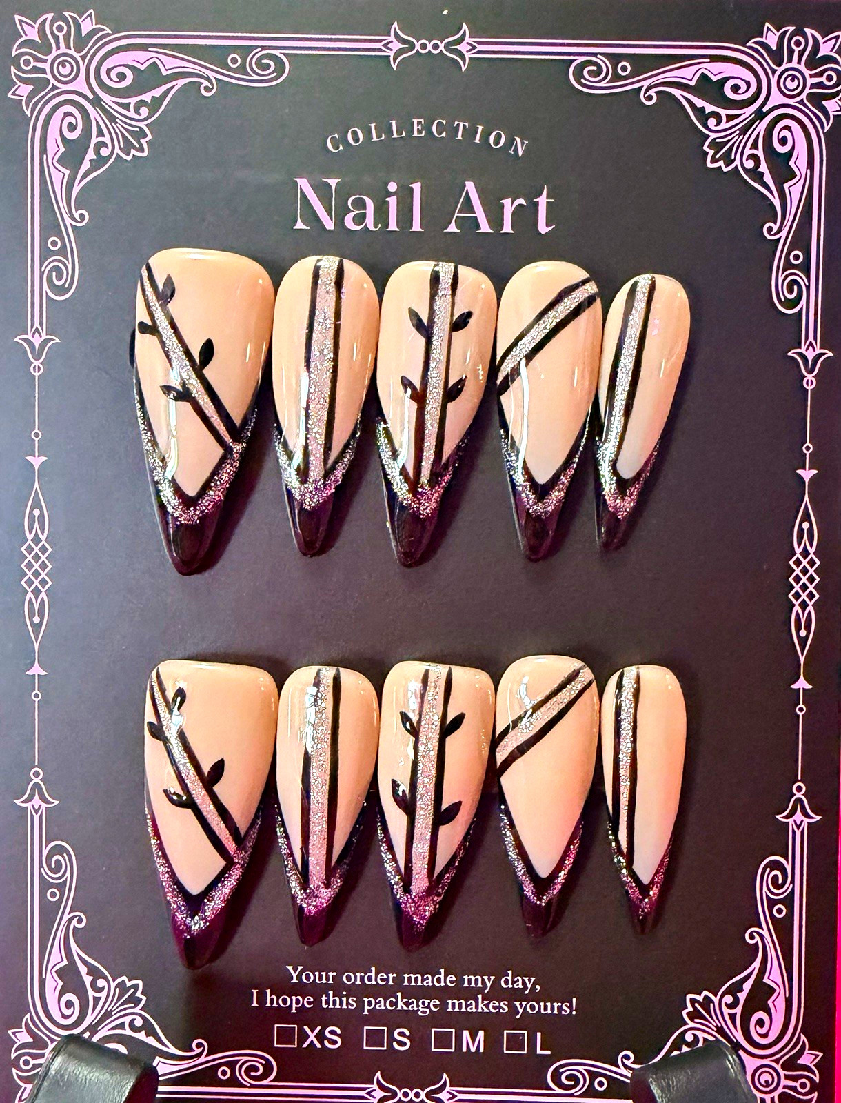Pink/Black/Silver French Tip Stiletto Press-On Nails, Long Shiny Full Cover