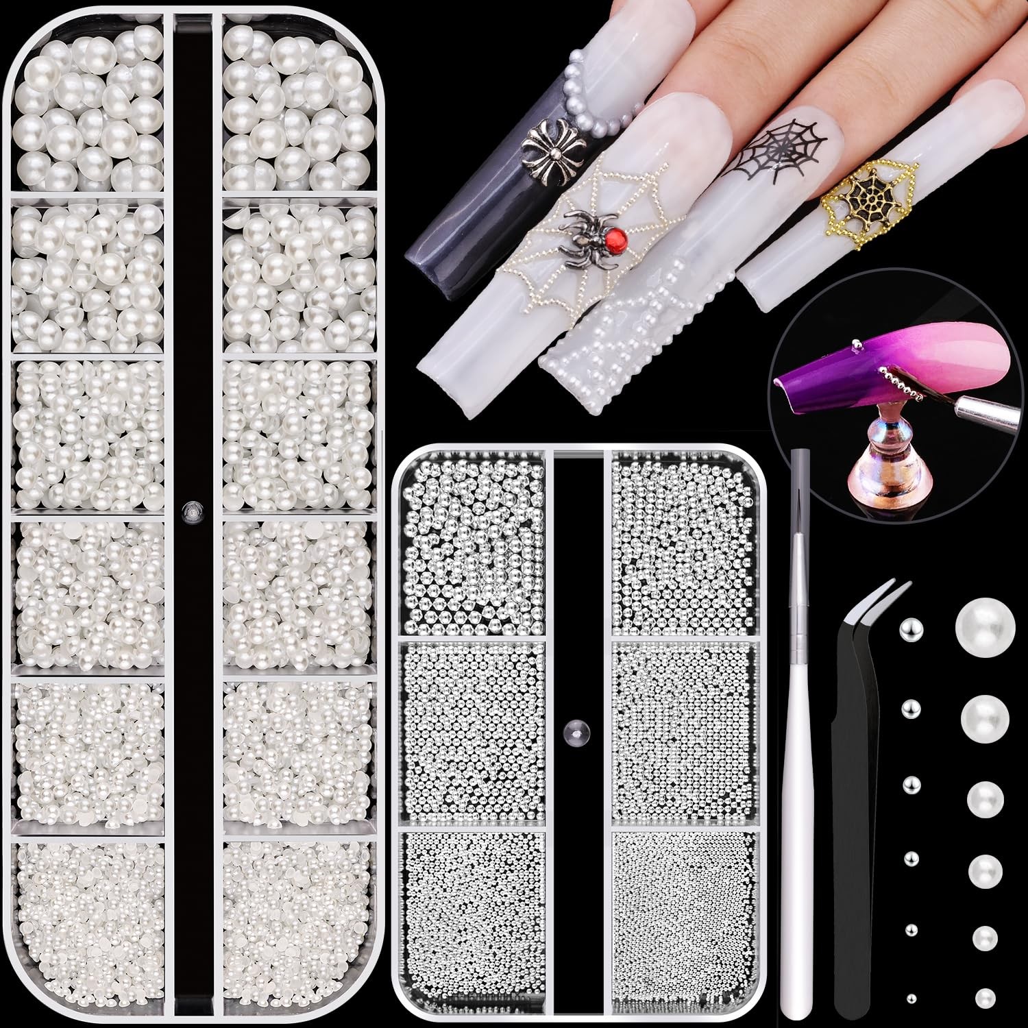 Silver Nail Beads and Flatback Pearls for Nails White Nail Pearl Charms