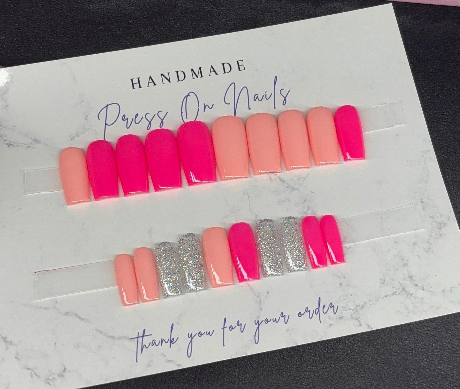 Medium square Press on nails silver glitter neon pink peach handmade gel
