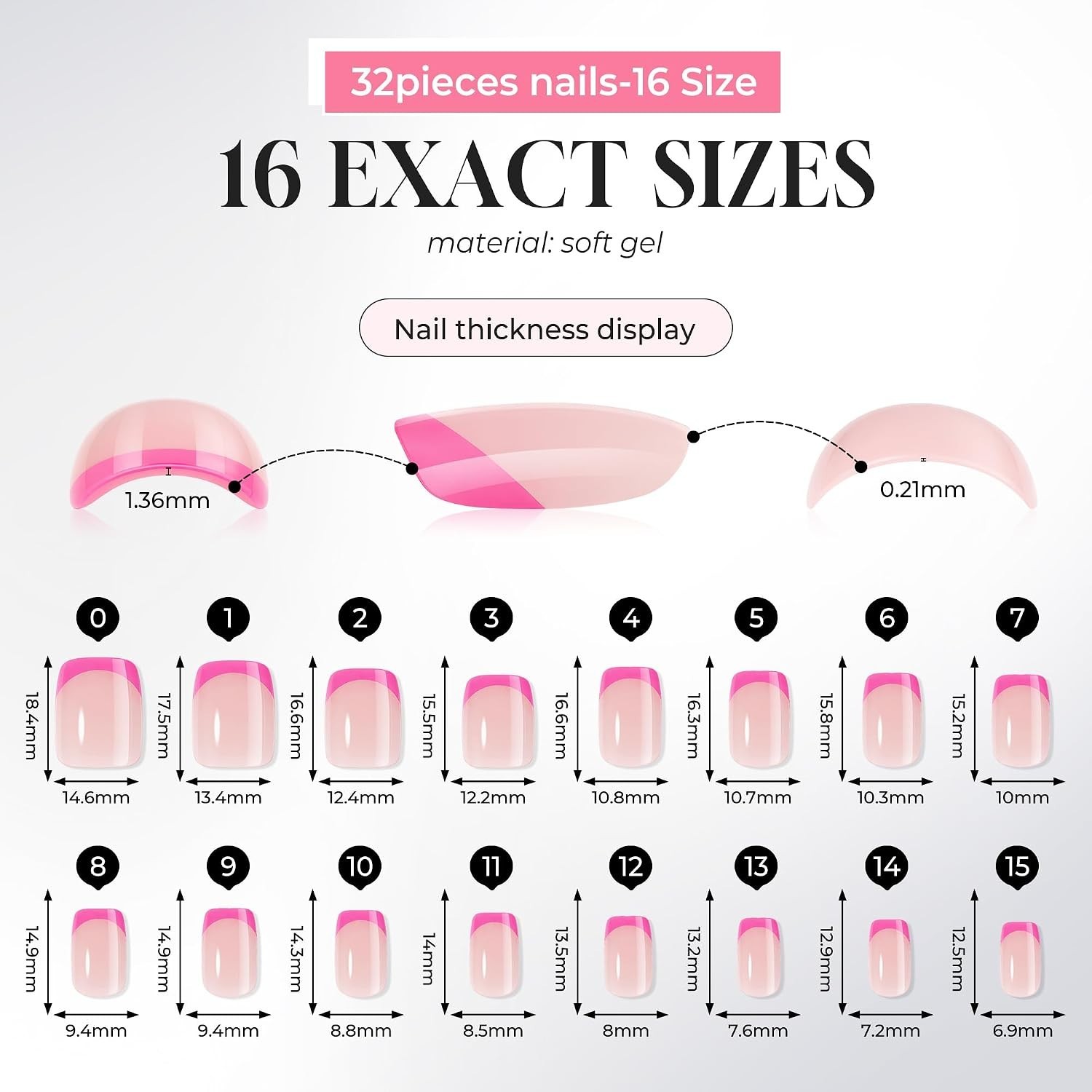32Pcs Soft Gel Press on Nails – 16 Sizes Hot Pink French Tip Short Square Glu…