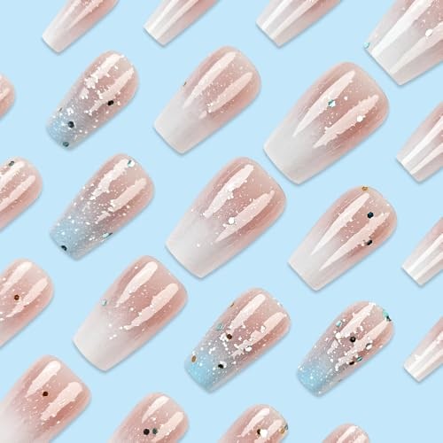 Square Press on Nails Medium Fake Nails Blue Ombre False Nails with blue ombre