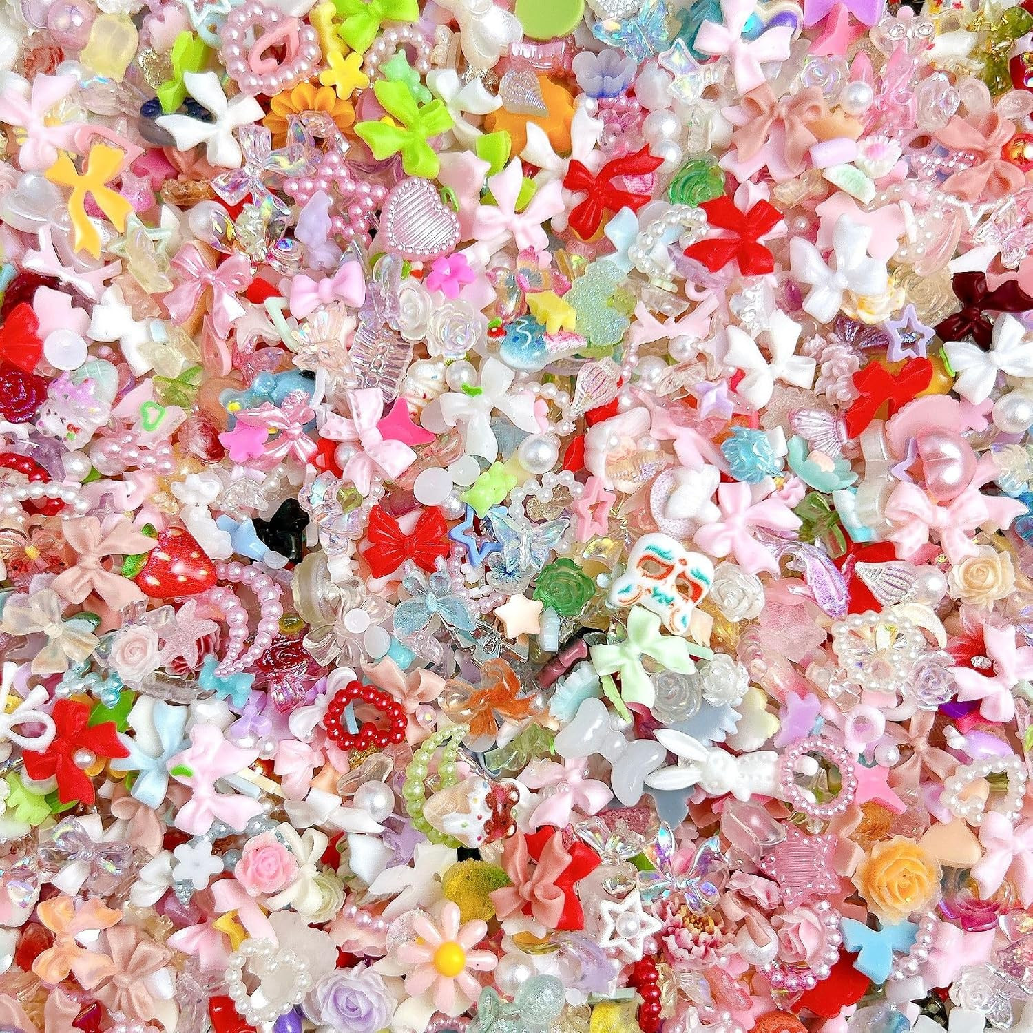 200Pcs Pink Red Nail Charms Kit 3D Flower Bow Heart Flatback Pearls Mixed Shape