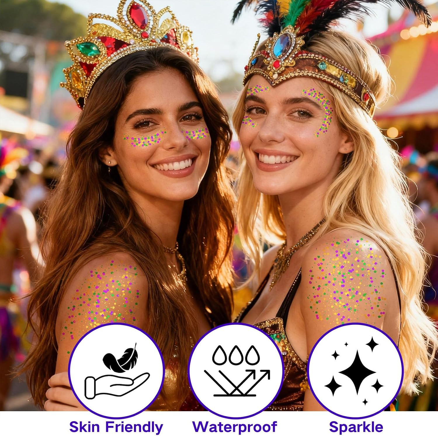 4 Jars Mardigras Face Glitter,Purple Green Gold Body Hair Glitter,Self-Adhesive
