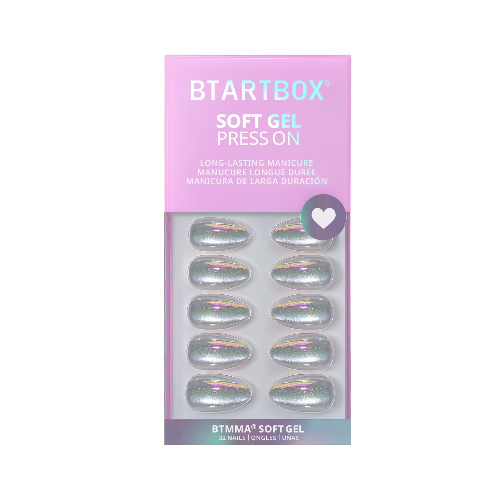 Short Chrome Cat Eye Almond Press On Nails Kit – 32 Opaque Soft Gel Nails, 16 Si