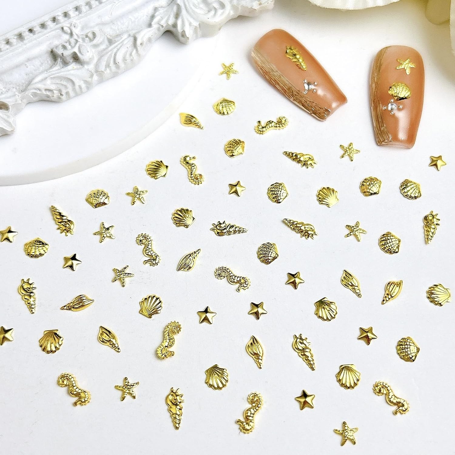 600Pcs Gold Starfish Nail Charms 3D Alloy Summer Ocean Nail Rhinestones Starfish