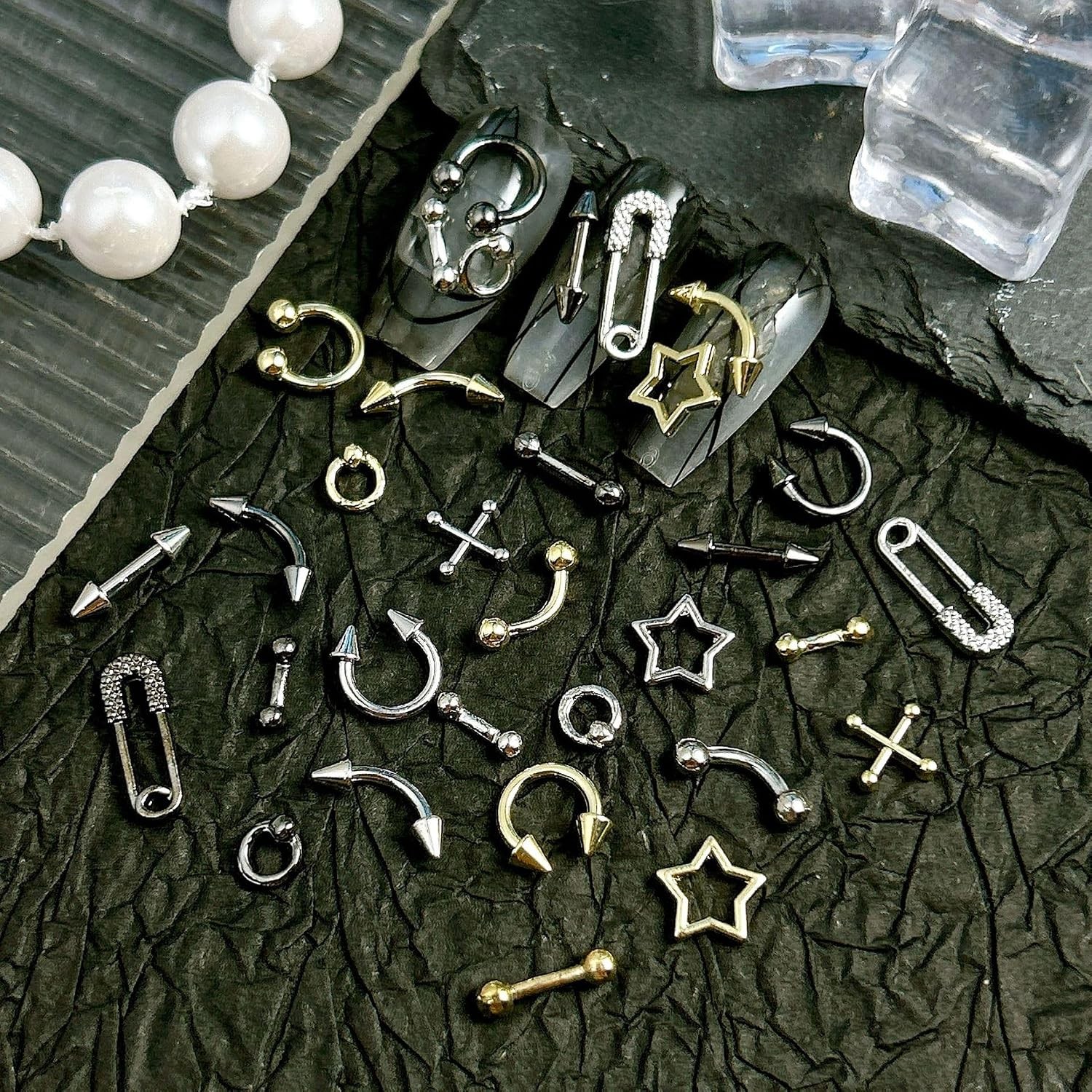 80PCS Metal Piercing Nail Art Charms 3D Gold Silver Alloy Goth Punk Nail