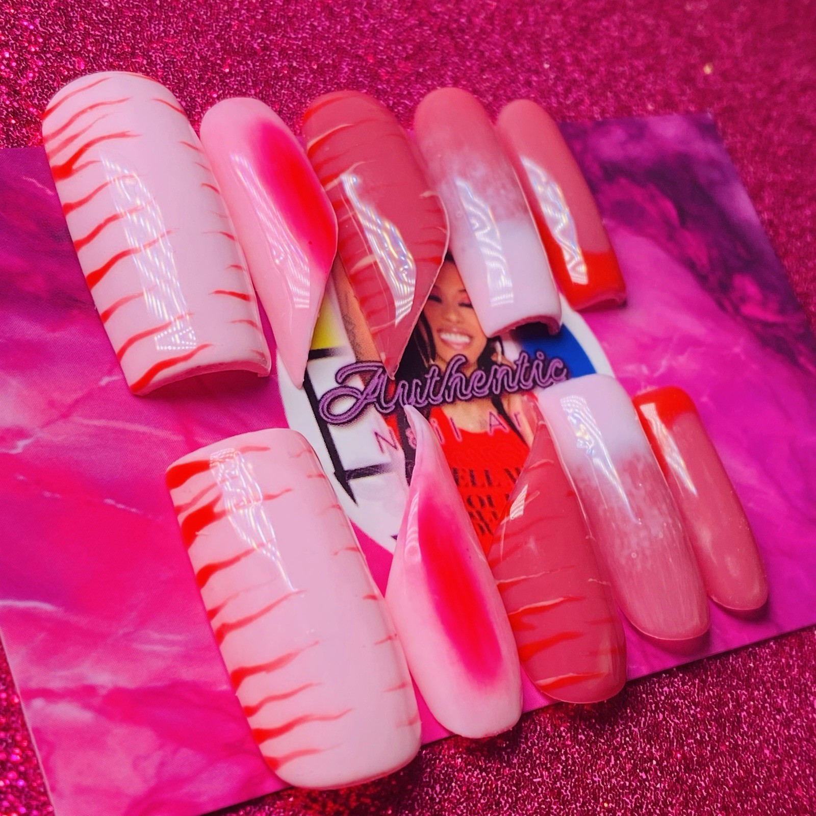 Square Lipstick Press-On Nails Pink Red Ombre French Shiny by Nail Arts by Dia