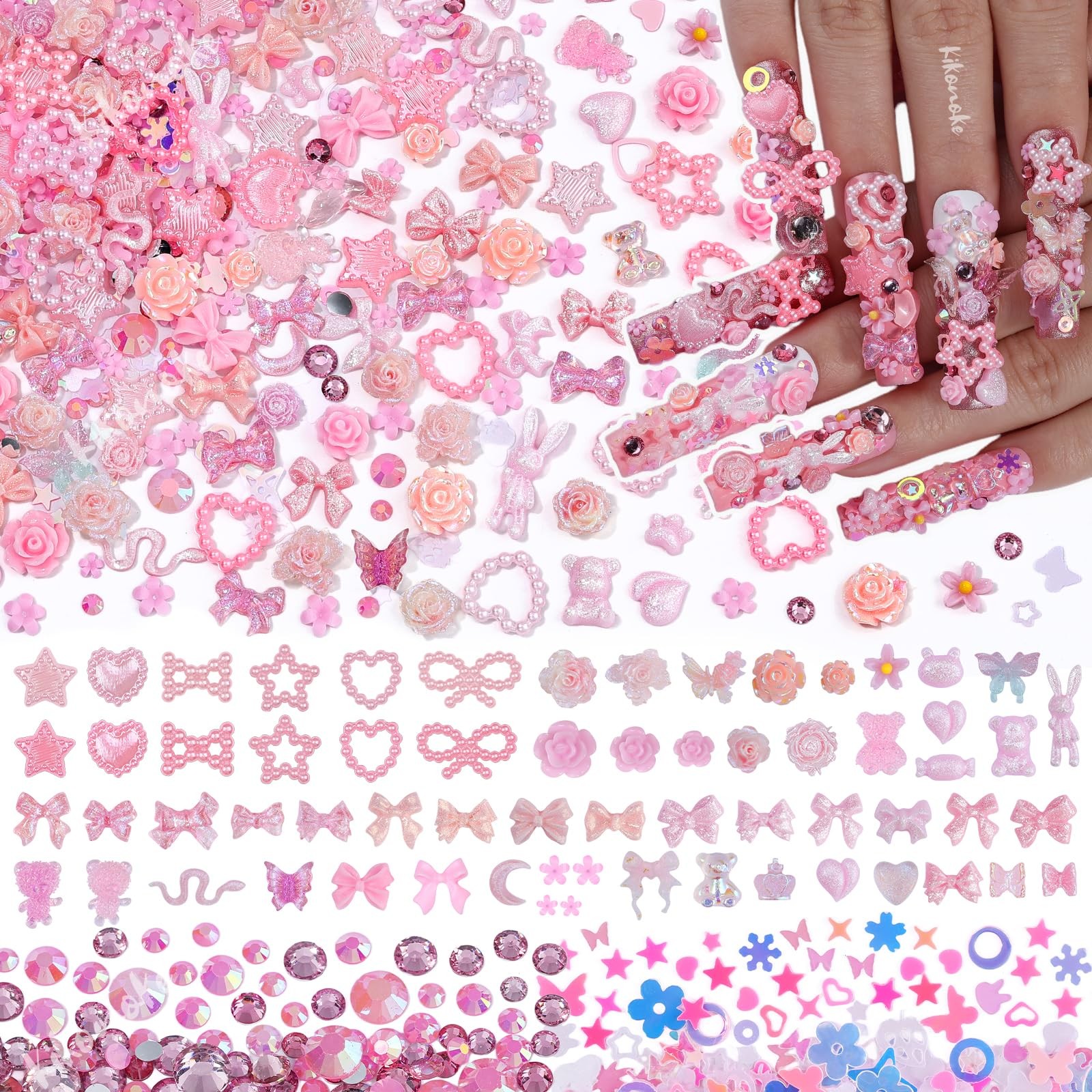 400Pcs Pink Nail Charms Kit, 3D Nail Gems and Rhinestones Flatback Pearls Mix…