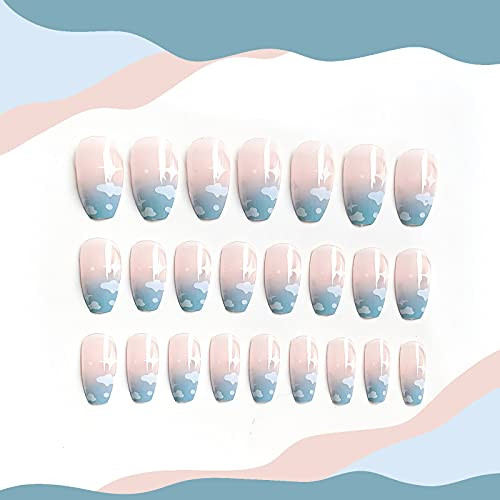 Coffin Press on Nails Medium Blue Gradient Fake Nails Glossy Sky Cloud False
