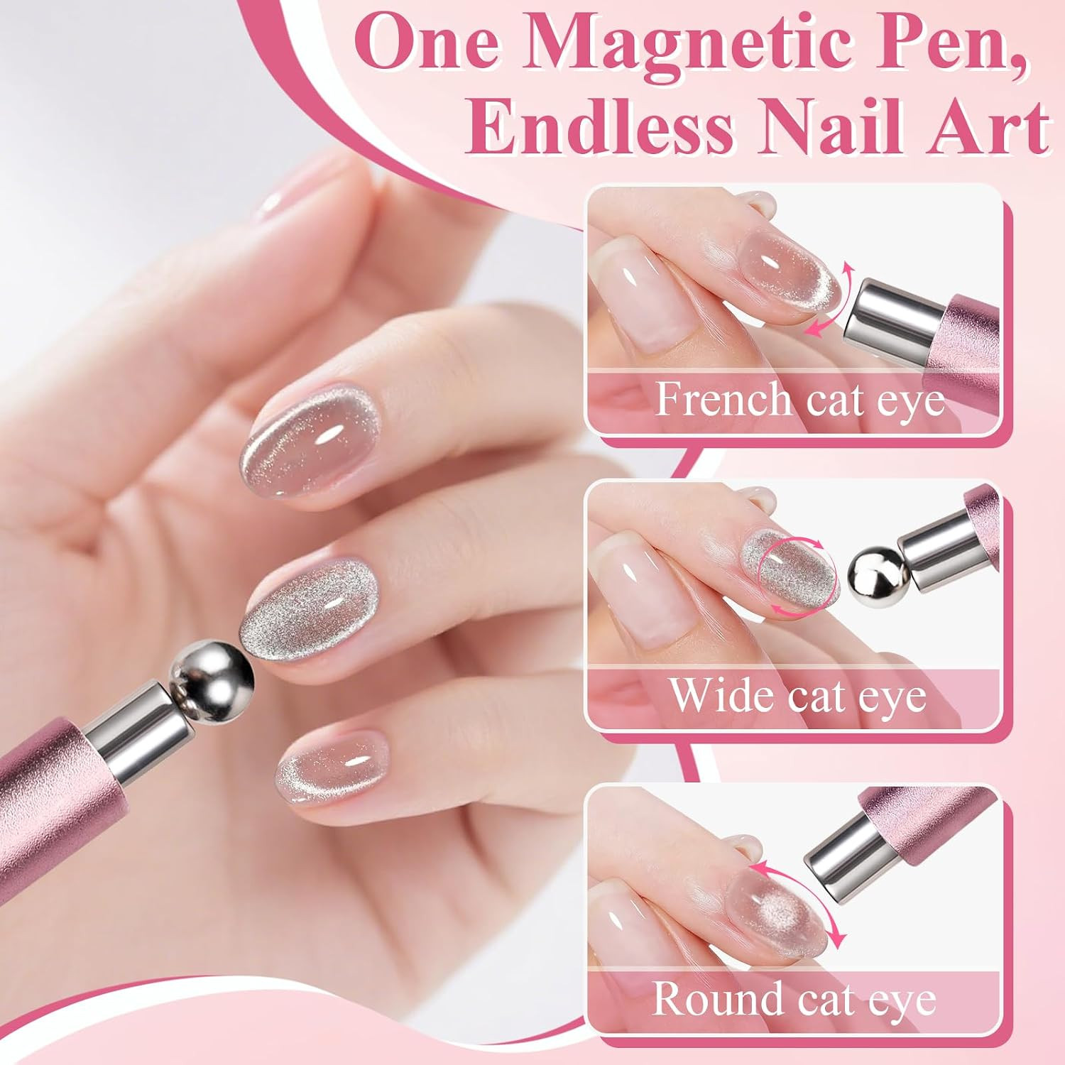 3 in 1 Cat Eye Nail Magnet Set, Double-Head Magnet Wand with Steel Ball round Be