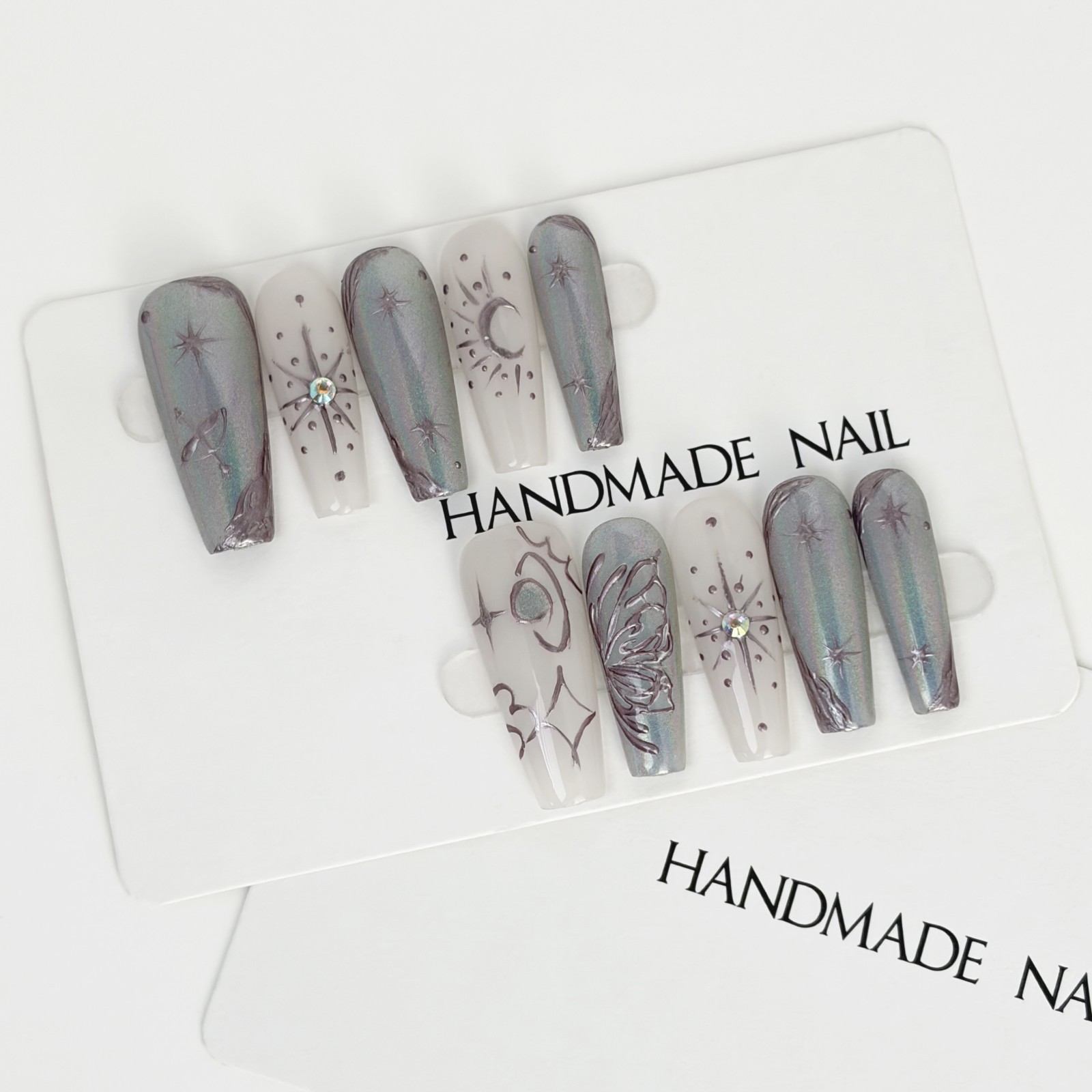 Futuristic Silver Gray Diamond Thorn Coffin Press-On Nails with Metal Details