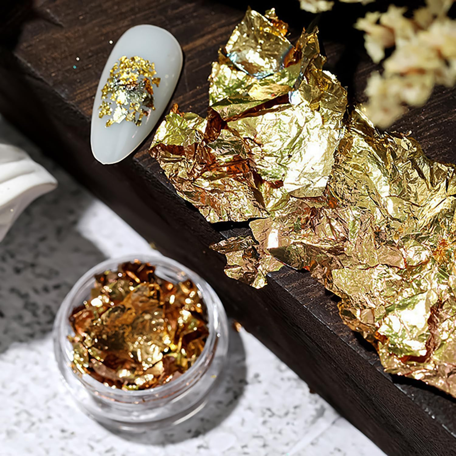 2 Bottles Gold Foil for Nails – Golden Glitter Design, Foil Fragments and Irregu