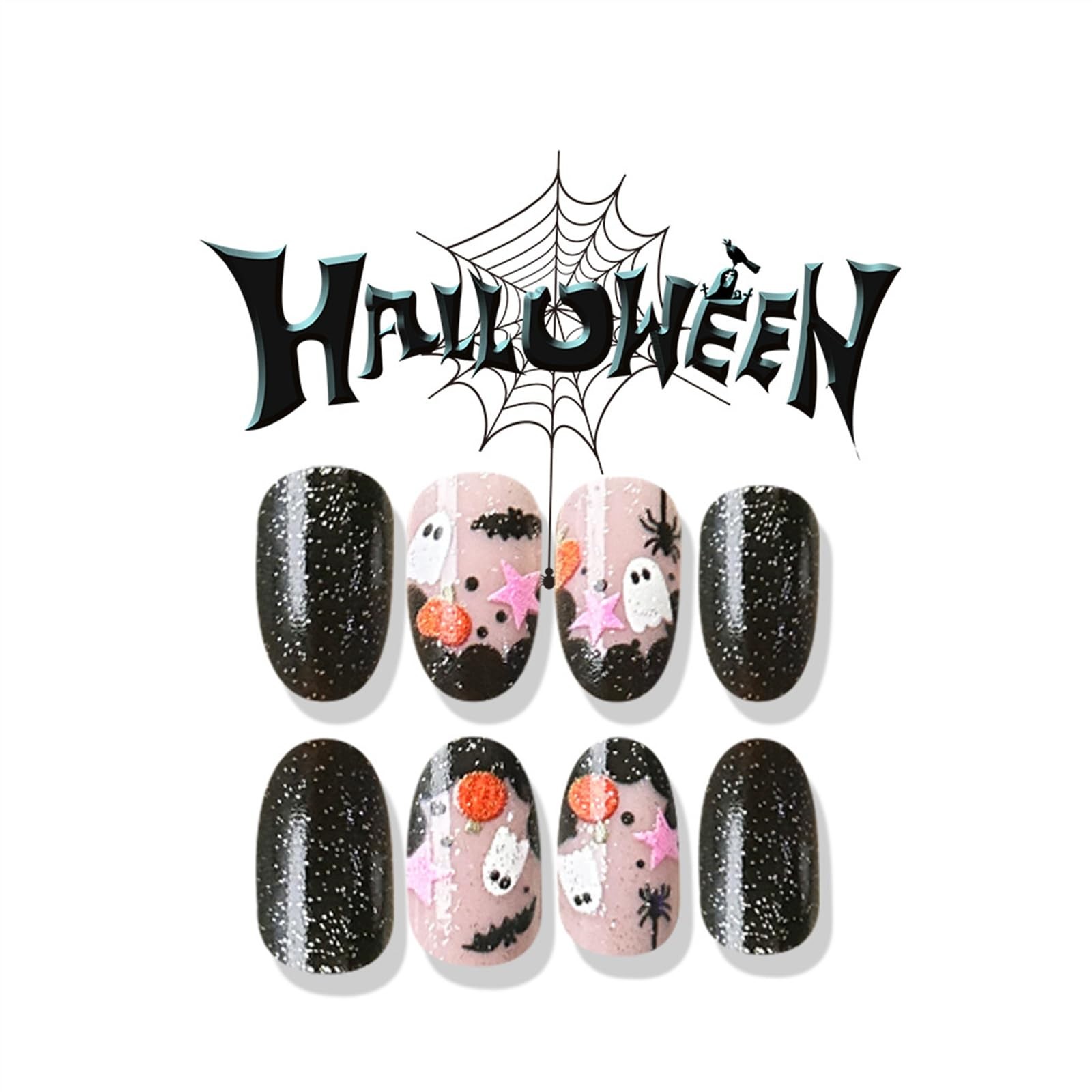 Halloween Press on Nails Short Almond Fake Nails with Designs Cute Ghost Stic…