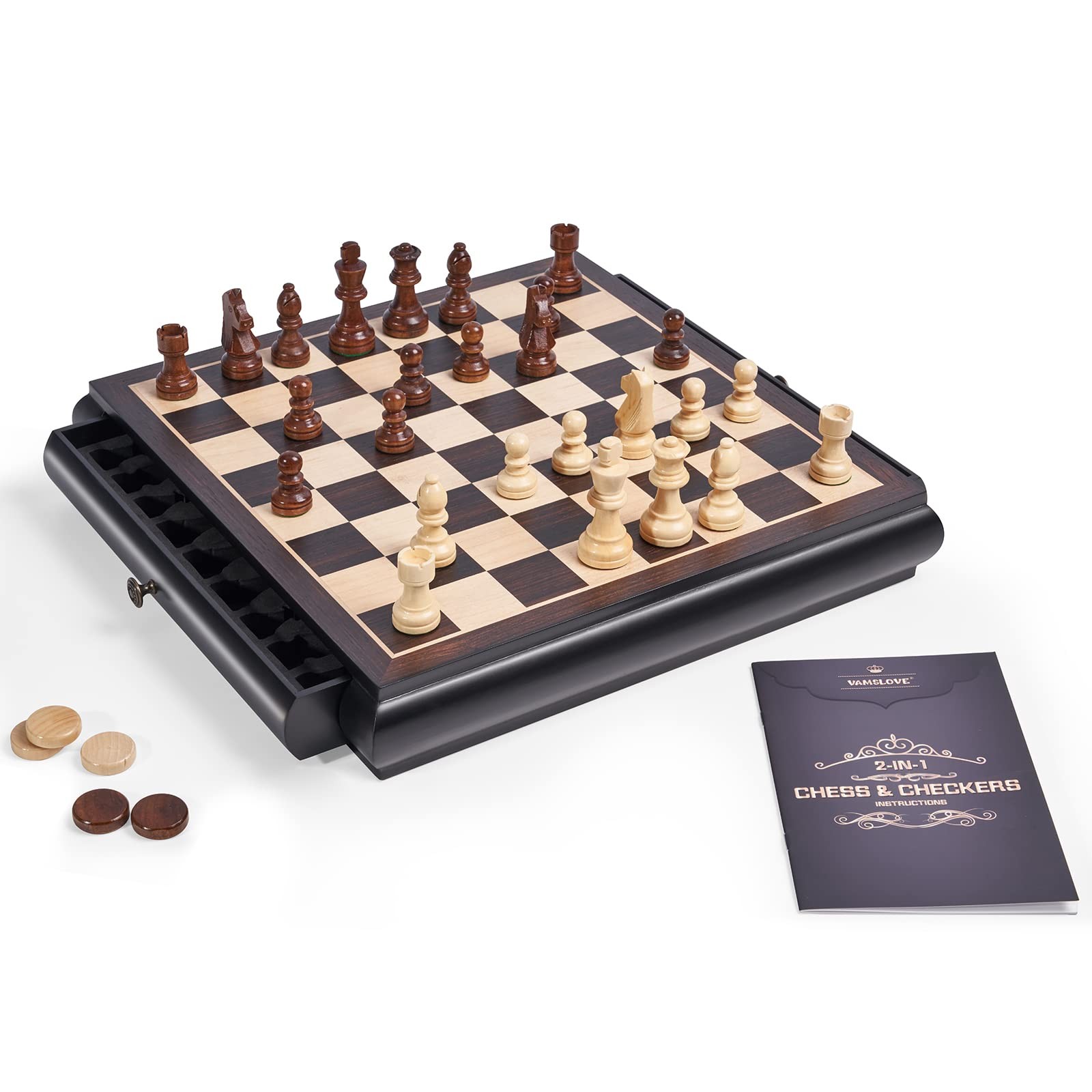 VAMSLOVE Wooden Chess Checkers Game Set 15.5″ L x W x 2.5″ H, Black