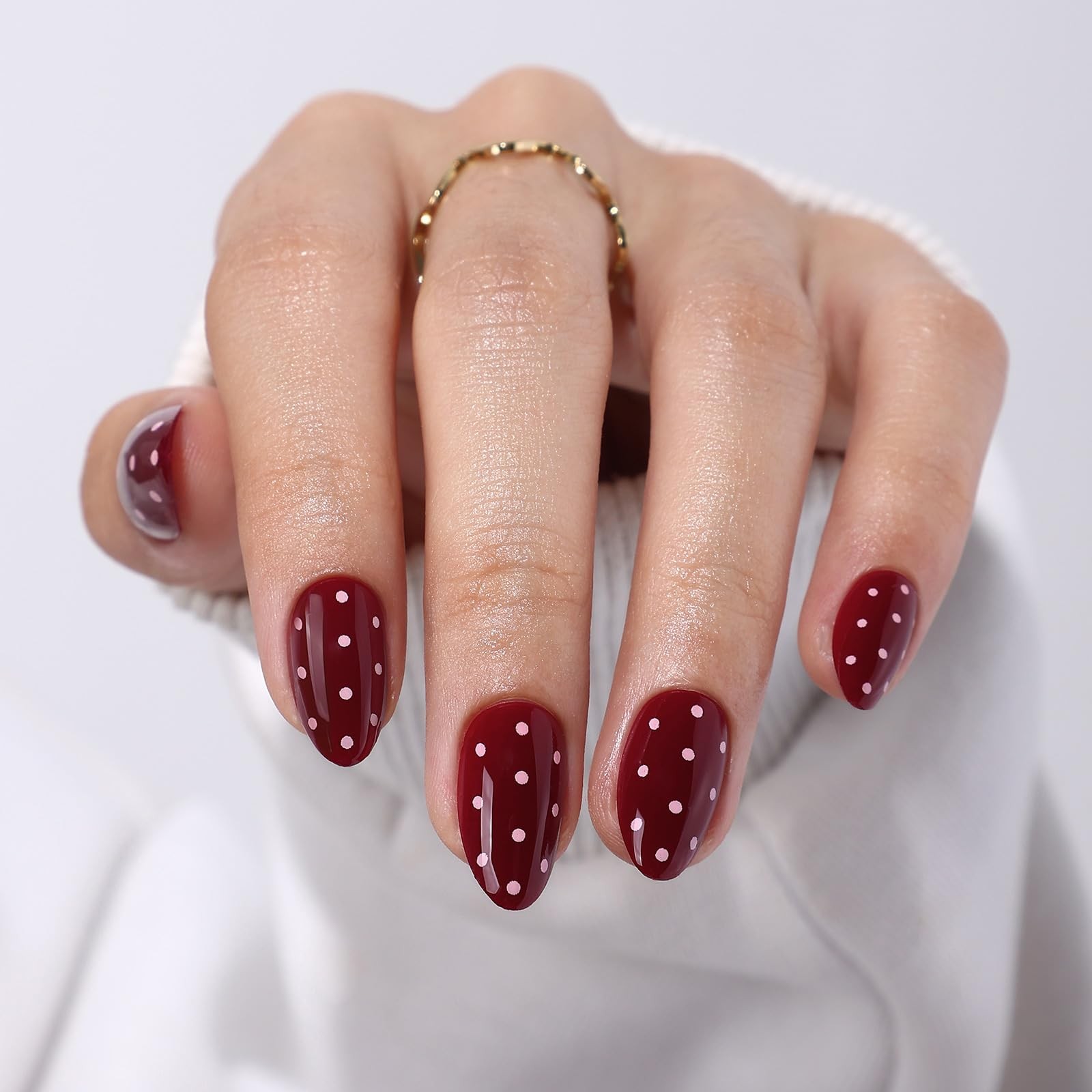 GJZEZ 32Pcs Red Polka Dot Short Almond Press On Nails