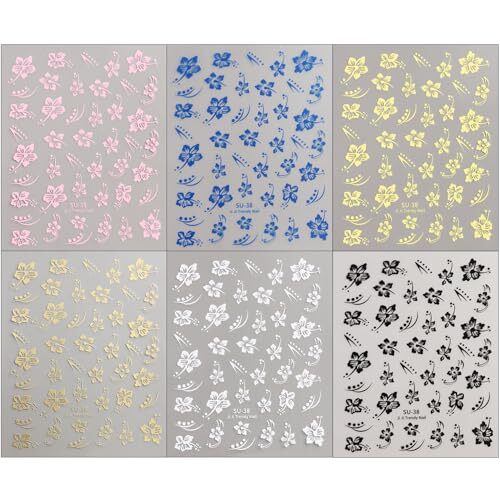 Hibiscus Flower Nail Stickers, 6PCS Hibiscus Flowers Nail Decals 3D Self