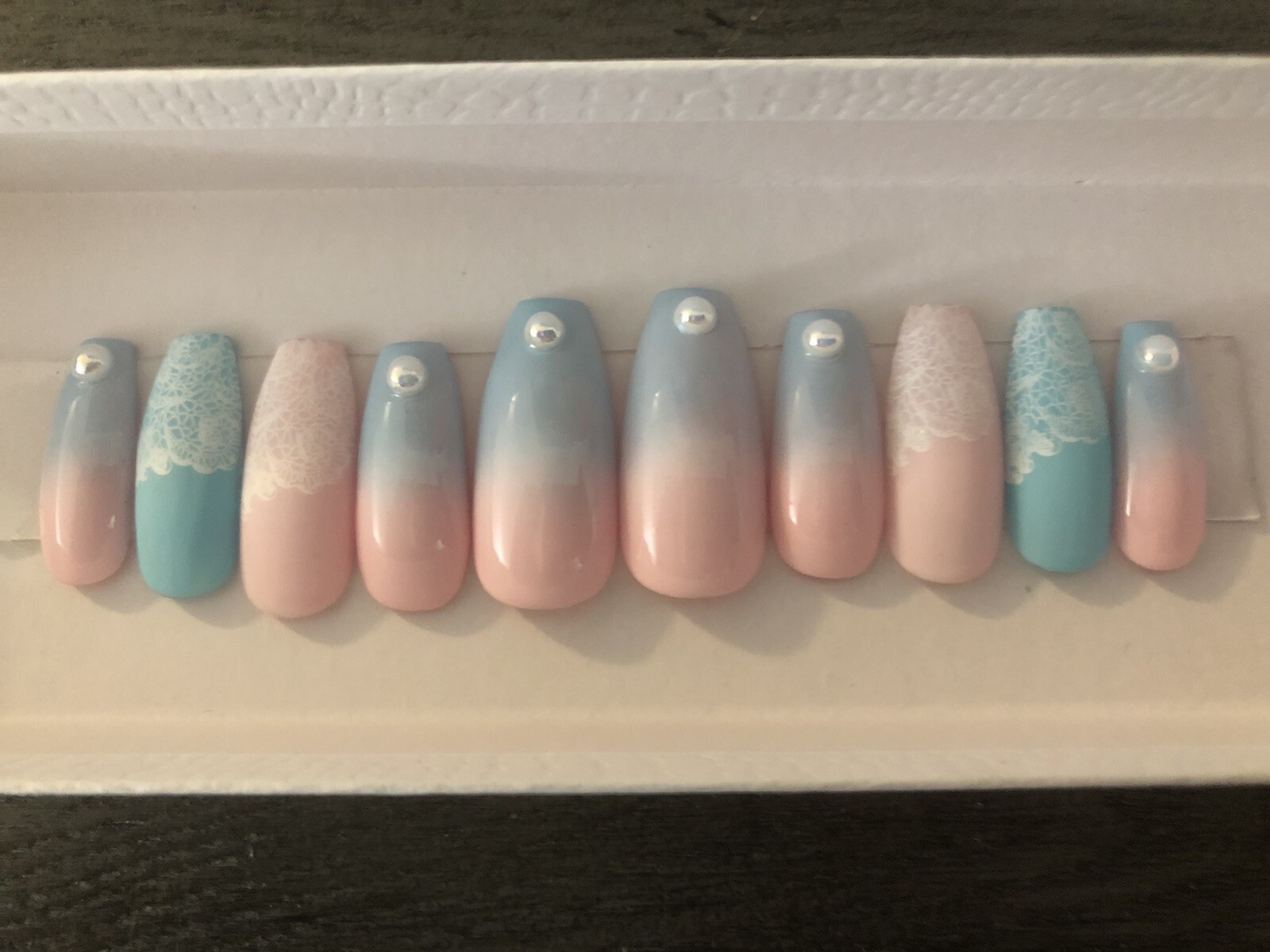 Pink And Blue Ombre Lace And Pearls Press On Nails