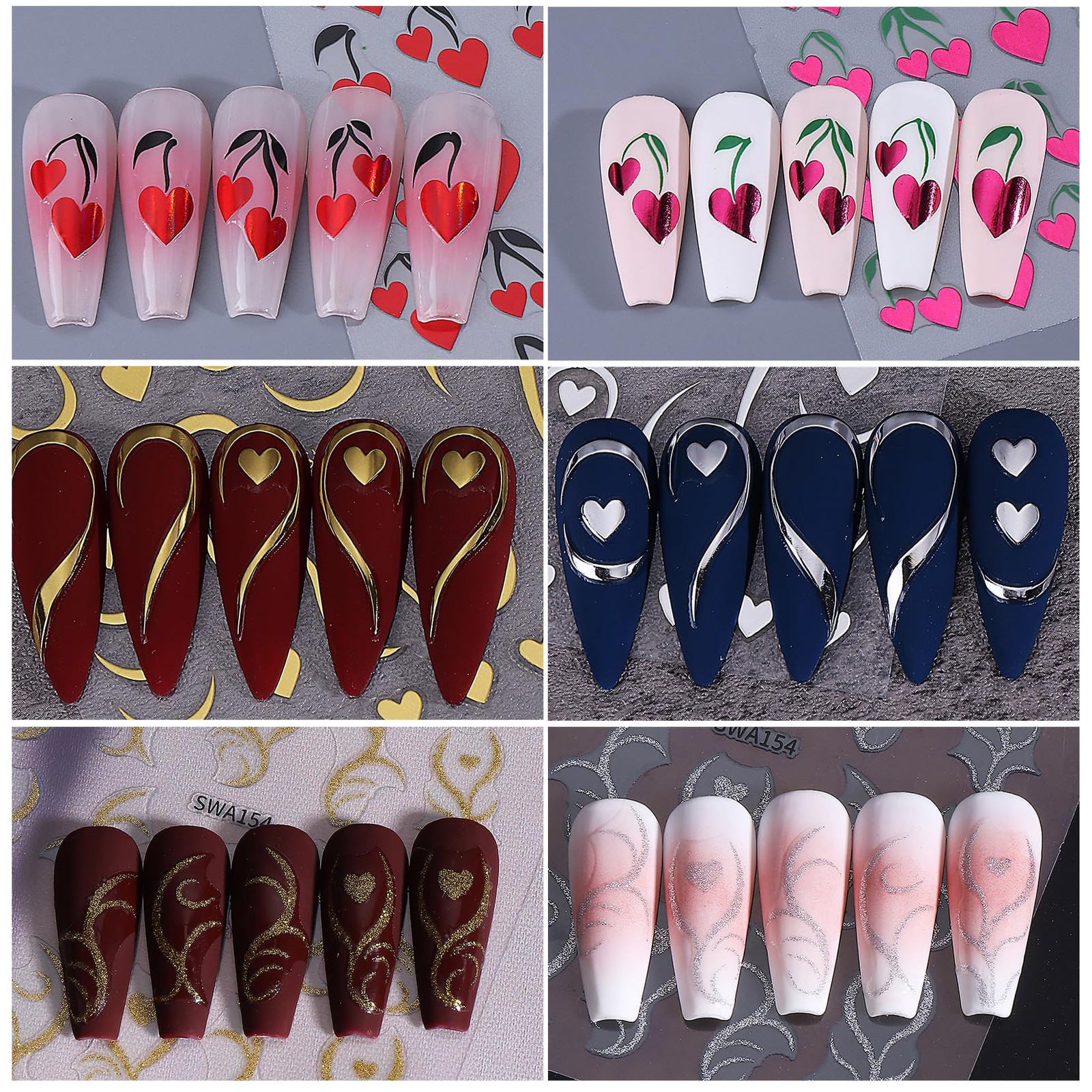 Heart Nail Art Stickers Decals 12PCS Sparkling Love Heart Vine Nail Decals 3D…