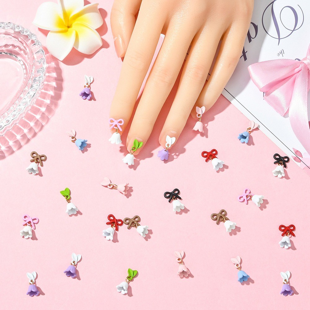 24pcs Lily of the Valley 8 Colors Flower Alloy Cabochons for Phone Case Nail Art