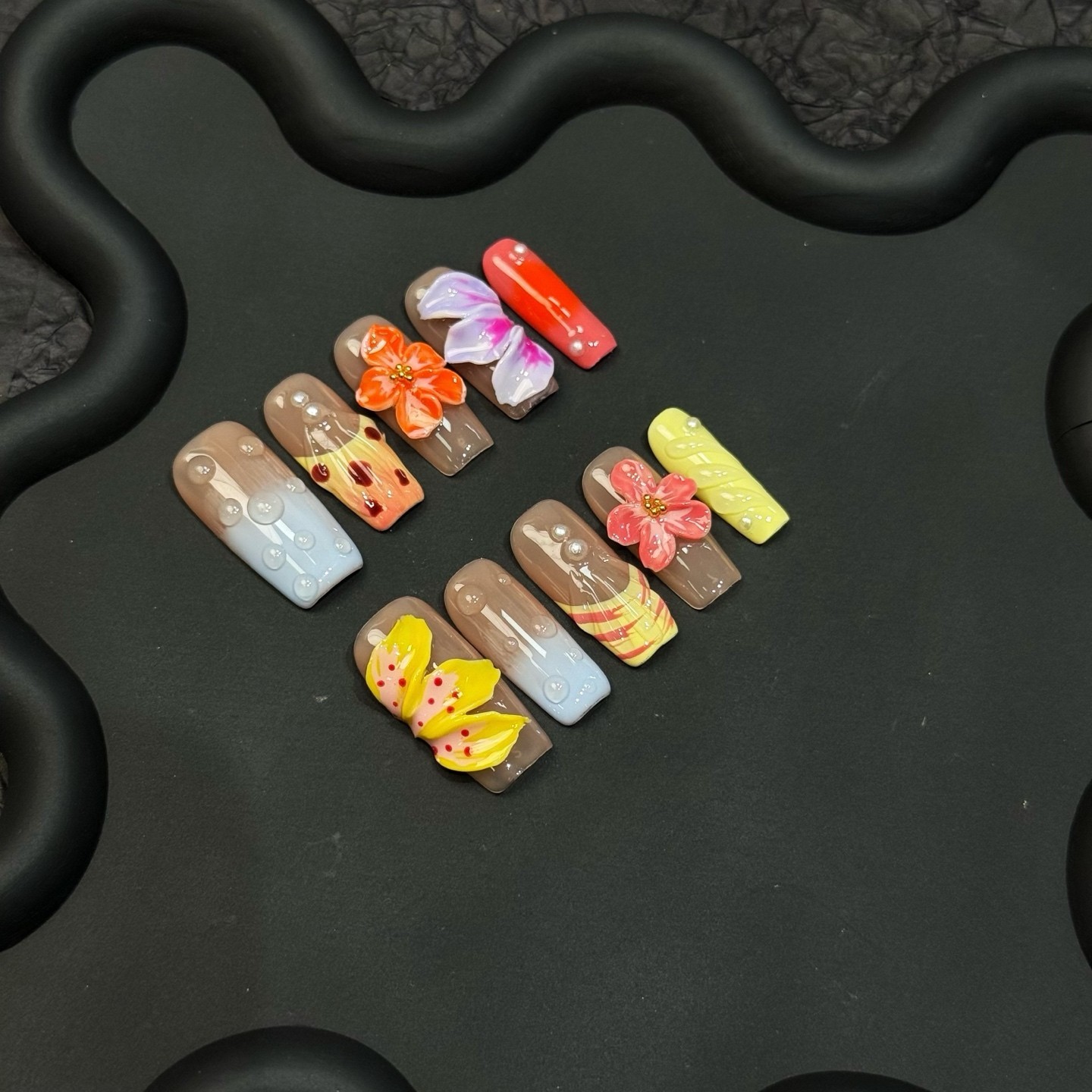 Summer Bloom 3D Flower Press On Nails, Medium, Handmade, Multicolored Acrylic