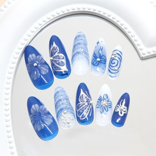 24Pcs Blue Flowers Press on Nails Medium Blue Deep Sea Butterfly Fake Nails 23