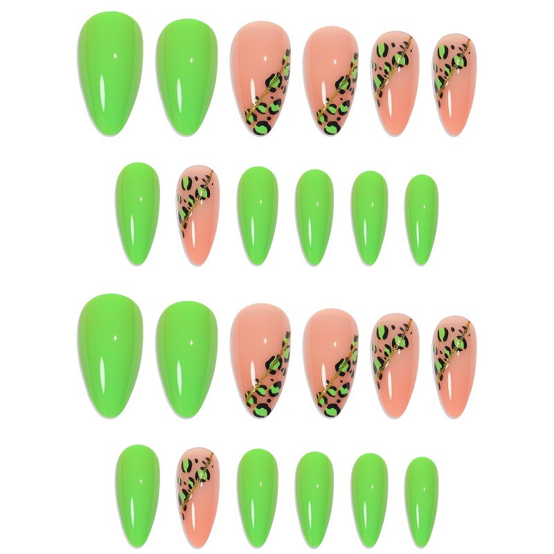 48pcs-Bright Green & Pink Nails, Almond with Leopard Print and Gold Line Accents