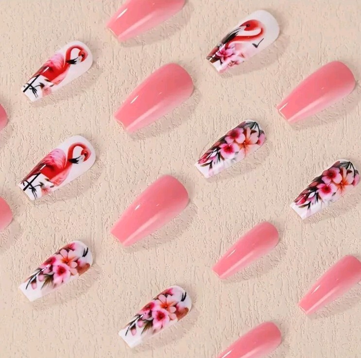Chic Flamingo & Floral Press-On Nails – Medium Ballet Shape, Glossy Finish 24