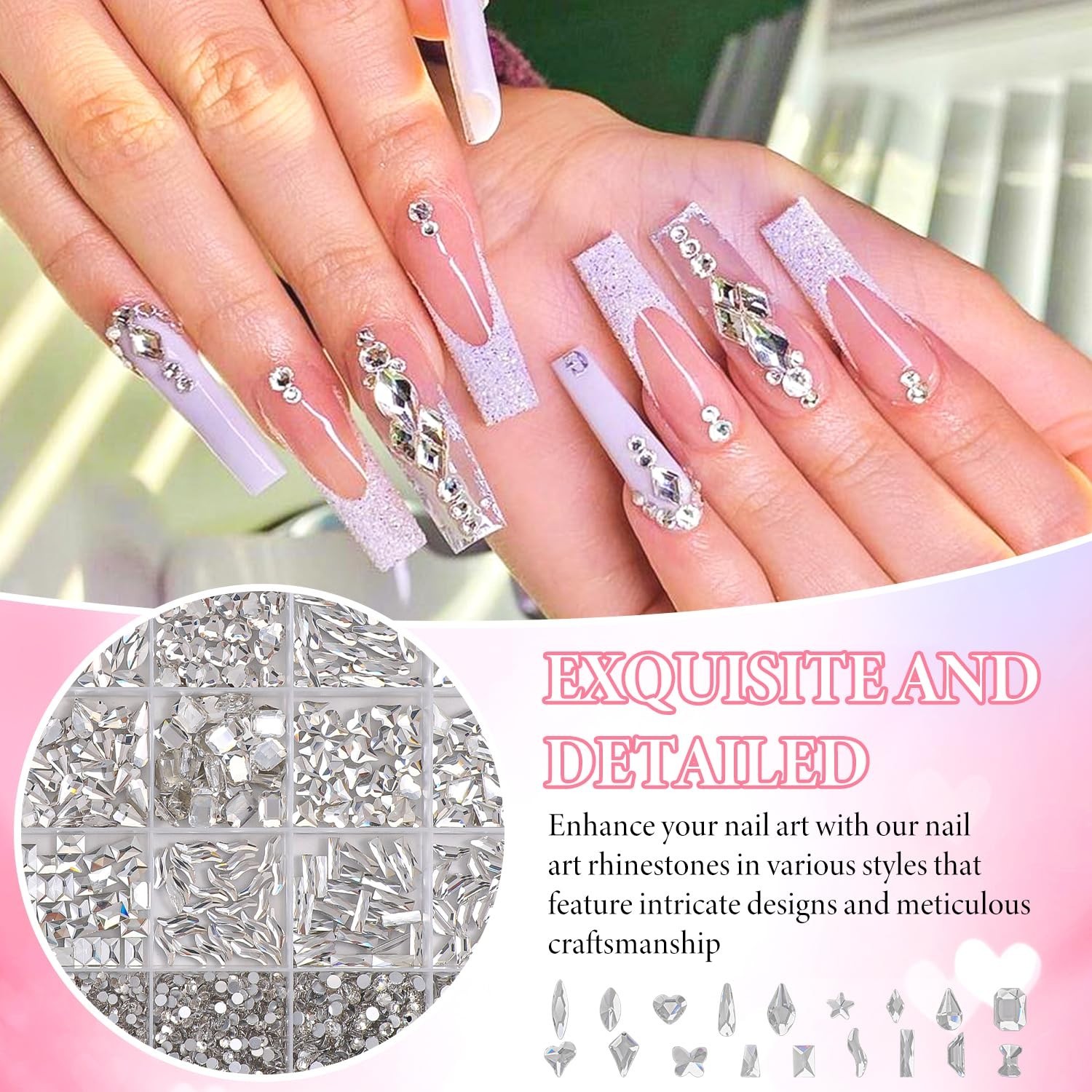 White Nail Art Rhinestones Kit – Multi Shapes & Sizes Flatback Gems for DIY Nail