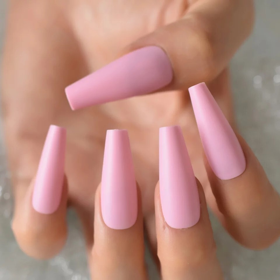 24 Extra Long Powder Pink Press on nails kit w glue Matte Light Pale Pastel Baby
