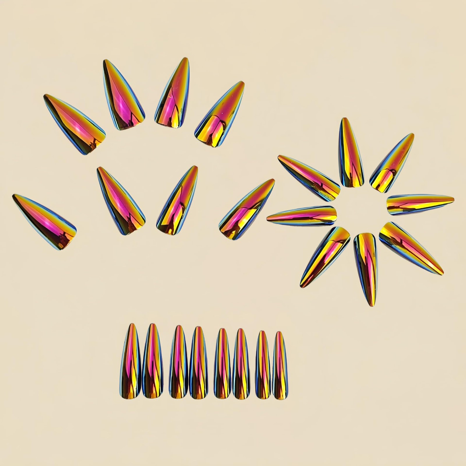Gold Chrome Press on Nails Mirror Metal Stiletto Fake Metallic colorful