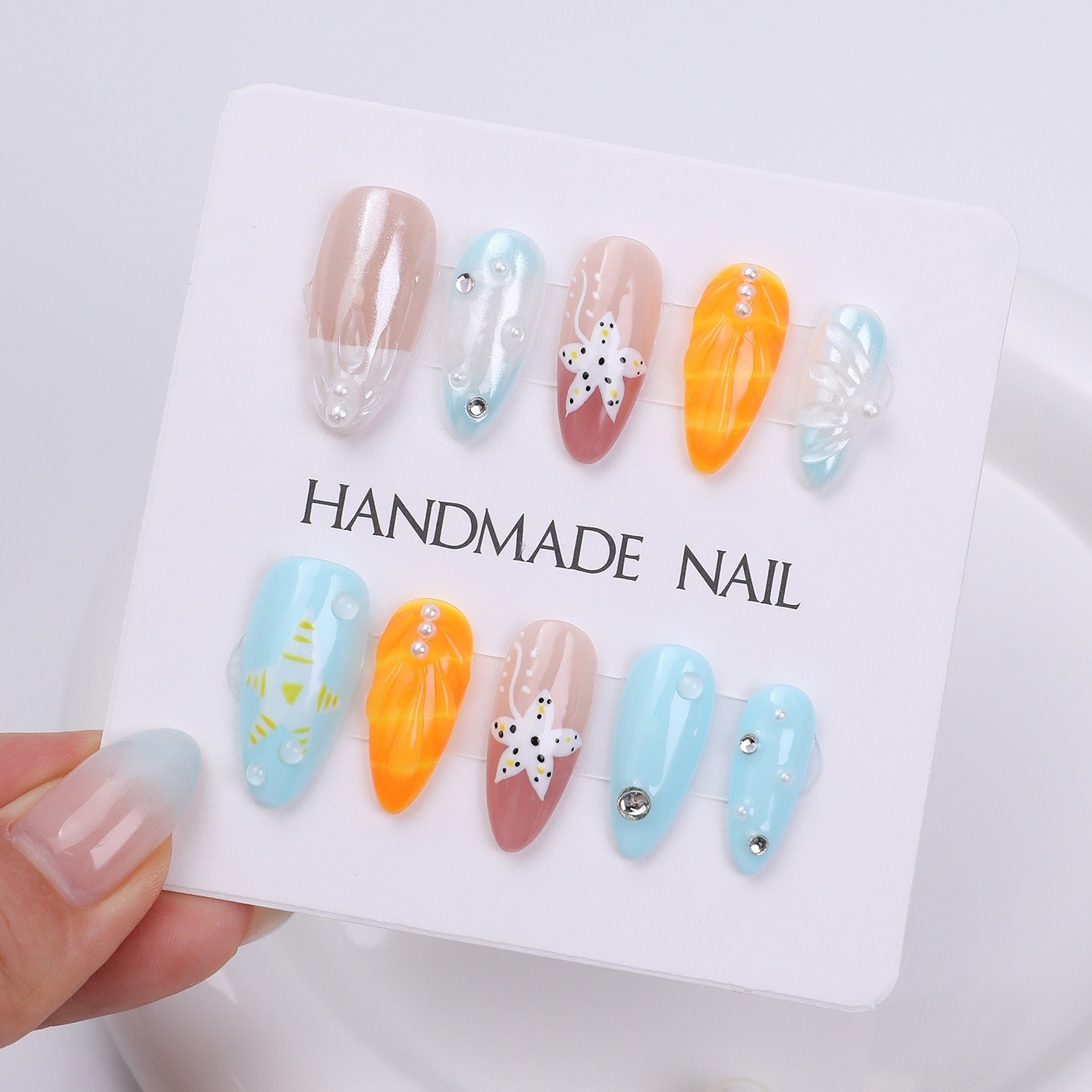 Press On Nails Medium Almond Blue Orange 3D Floral Pearl Summer Beach Nail Set